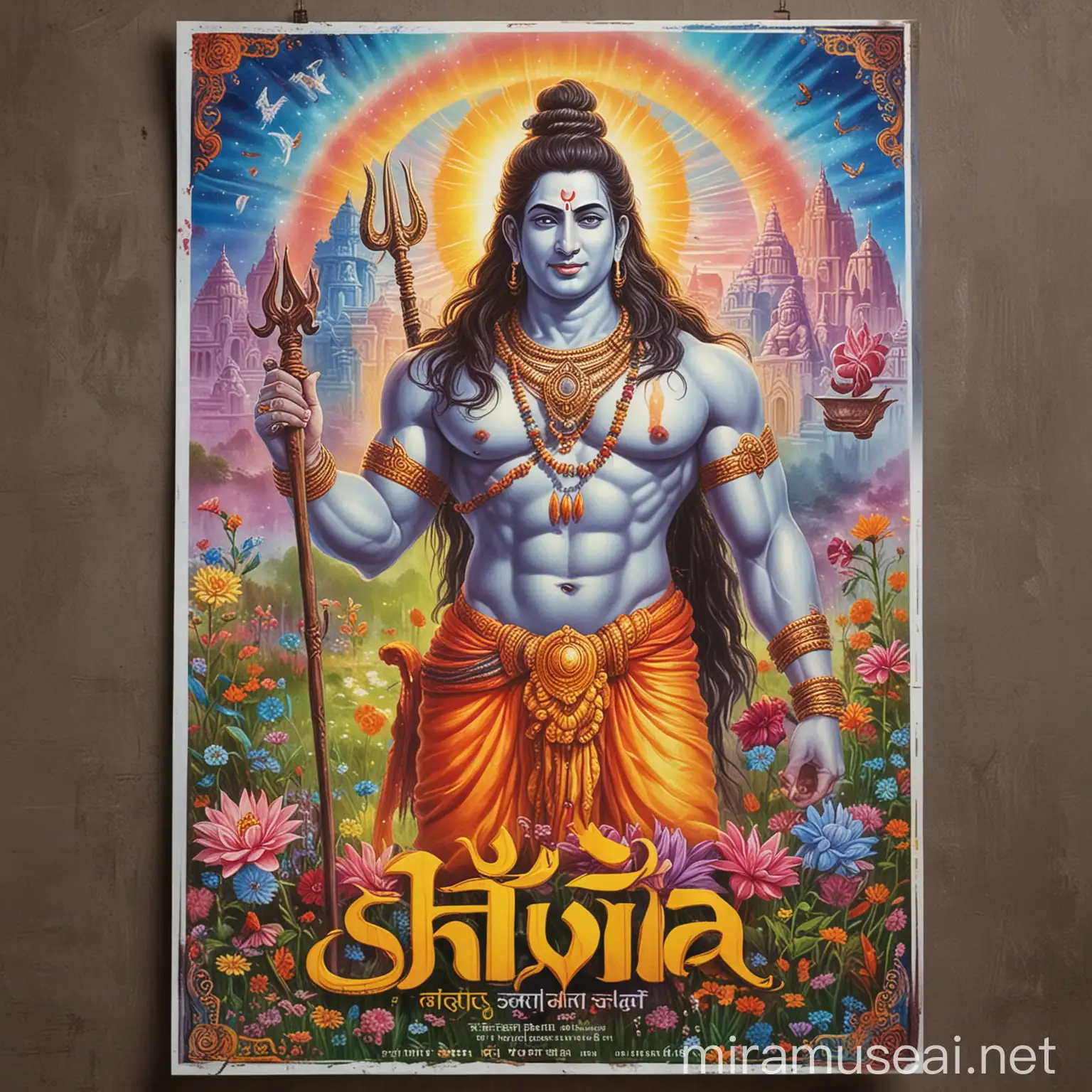 Create a Bollywood type poster of Lord Shiva, titled: "Shiva Mantra" 
with garden, temple, sun, colorful splendor and graphics,
The following words are also written in that poster

“मृत्युञ्जयाय रुद्राय नीलकन्ताय शंभवे
अमृतेषाय सर्वाय महादेवाय ते नमः”