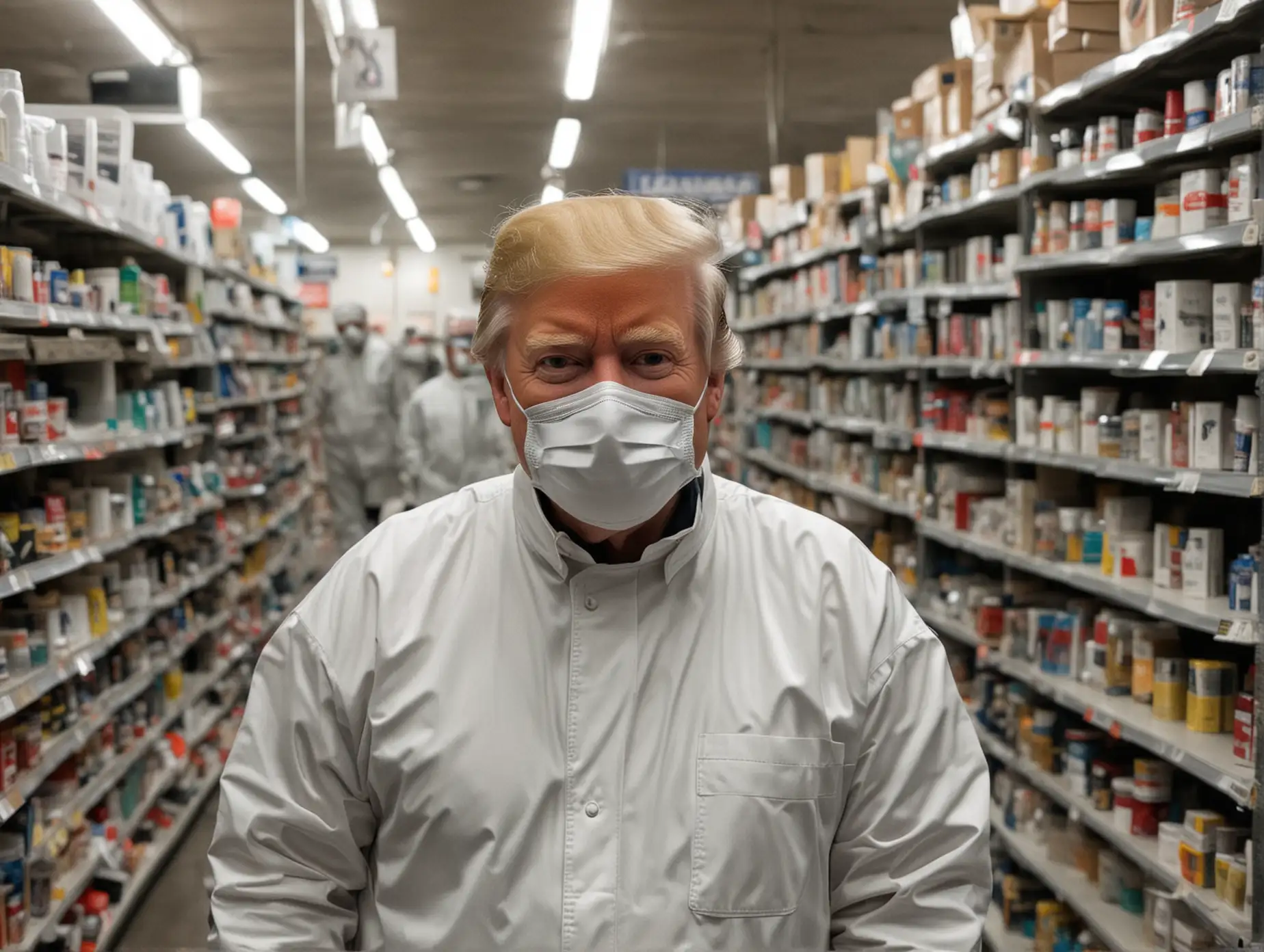 miniscule viruses everywhere, people in respirators, shuttered stores, and donald trump in a KN95 mask