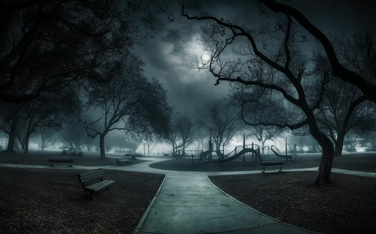 A Dark Mysterious Scene, Wide Angle, suburban park, fog, moon light only, late evening time, No People in Sight