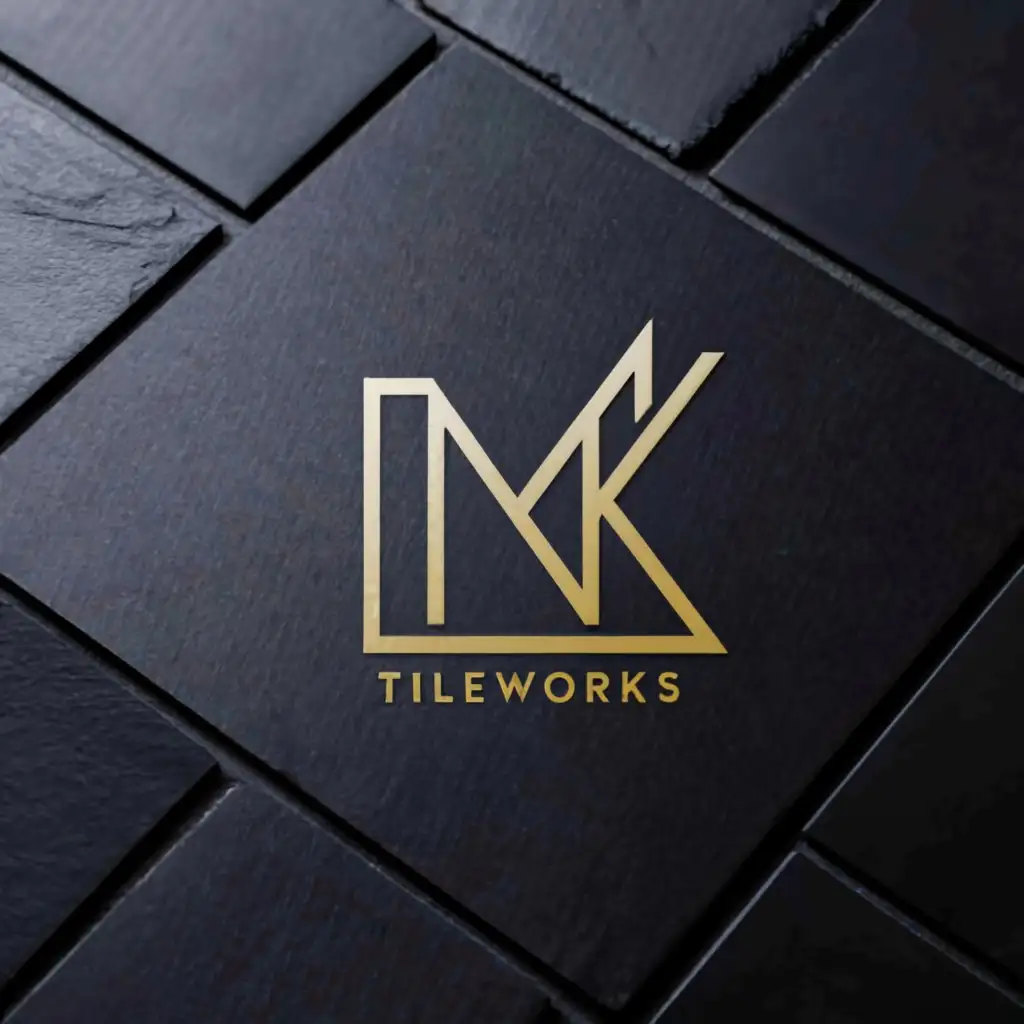 a logo design,with the text "MK tileworks", main symbol:On the background, there may be a diagonal layer of tiles in various shades of gray, creating a view of working with tiles.
Above this layer, there may be a stylish and simple letter monogram "MK", possibly with an elegant font, creating an impression of quality and professionalism.
Under the monogram, there could be a smaller inscription "Tileworks" in a simple, readable font. There may also be variants with a different tile color or variants of gray with white. The appearance must be elegant and convey a sense of luxury. Use the logo from the first design and the second photo and the background of ceramic tiles in white gold color.,Moderate,be used in Others industry,clear background