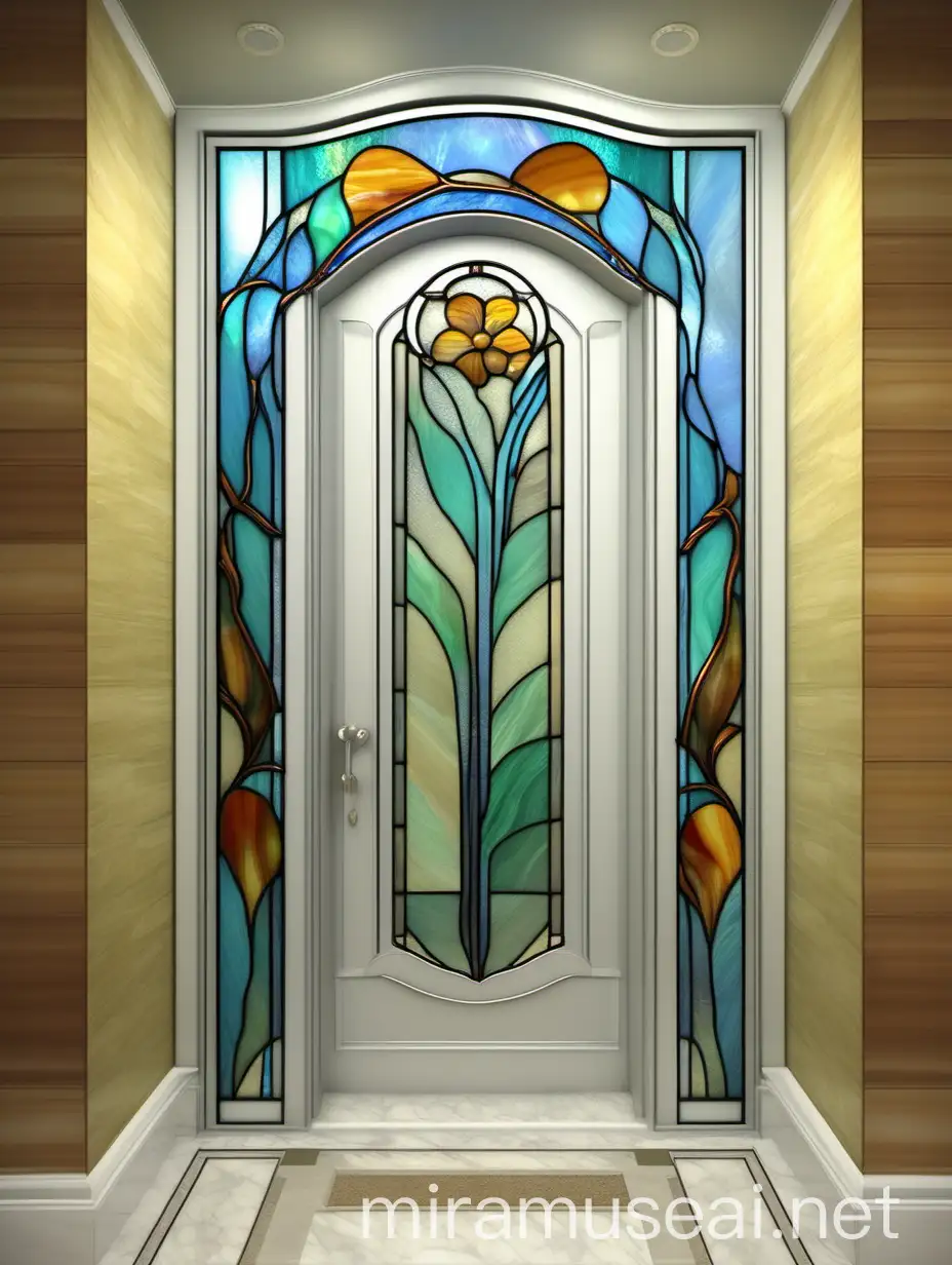 Art Nouveau Stained Glass Bathroom Door with Abstract Lines and Cobea Flower