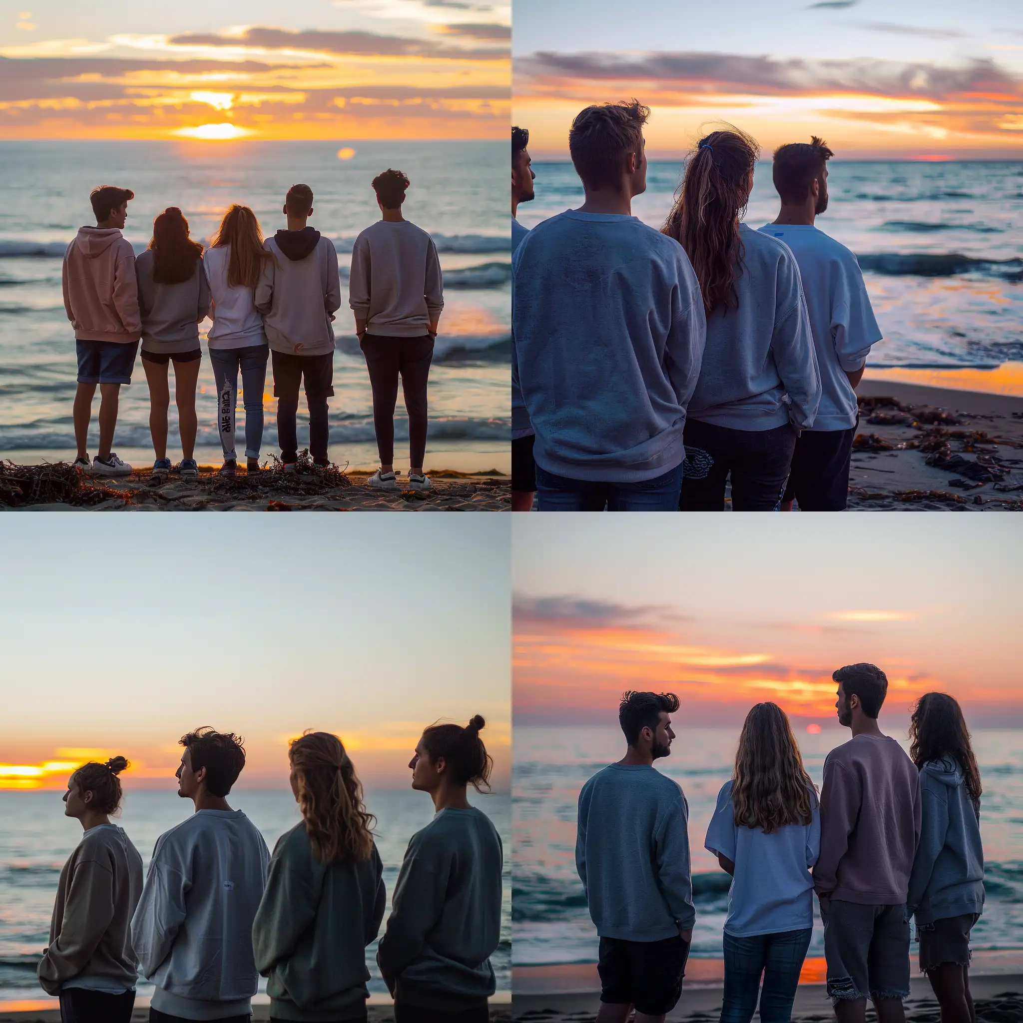 photographic group of friends standing on the beach looking out to sea, wearing t-shirts and sweatshirts at sunset, calm and natural expression, by Rodrigo Carmuega, realistic photo, high_res, high details, film grain, bokeh –ar 9:16 --style raw