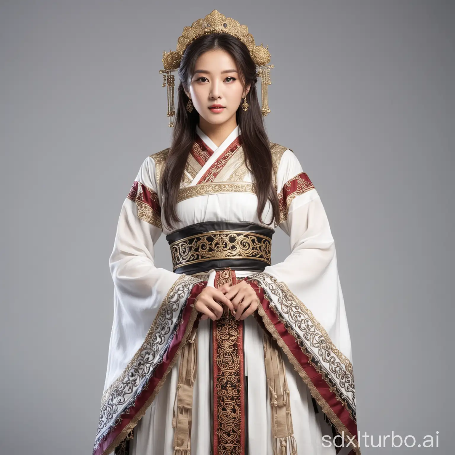 A beautiful kpop idol woman in ancient costume, full body, front view, high definition