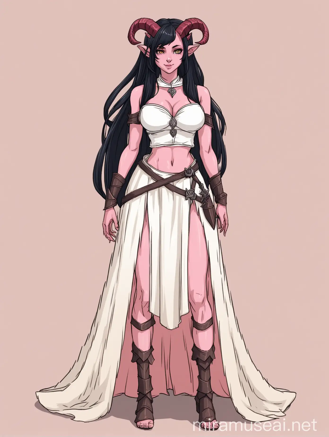 Female tiefling, adult, pastel pink skin colour, black hair, long hair, straight horns, pastel coloured horns, loose crop top, white top, revealing skirt, white skirt, medieval clothing style, full body view, decent breast size, cleavage shown