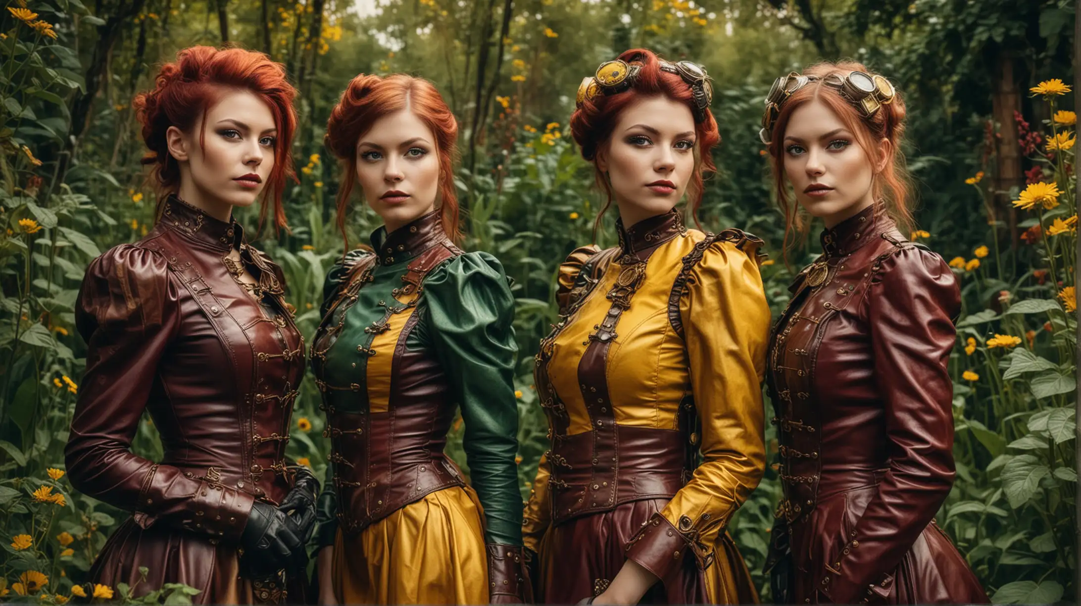 Steampunk Women in Leather Dresses Amid Wild Garden Psychedelic Scene