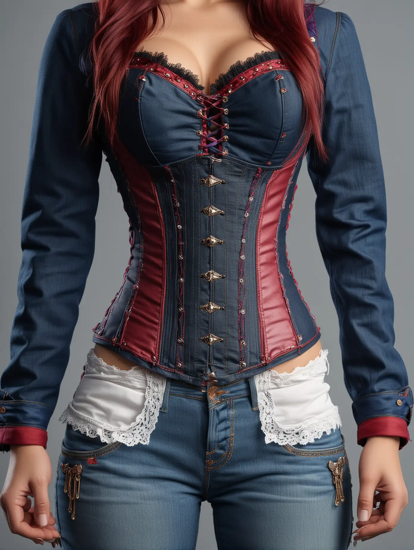 ((full body shot)), ((rear view perspective)), create a realistic 3d image of 20 year old woman with long multicolored hair, she is wearing fitted dark blue Levi's jeans and a ((multicolored corset)),  maroon blazer, her hands are on her waist,((perfect female body, narrow waist, wide hips)), 8k uhd, dslr, soft lighting, high quality, film grain, Fujifilm XT3, Ultra-detail, Real, Photorealistic, High-definition face drawing, RAW photo