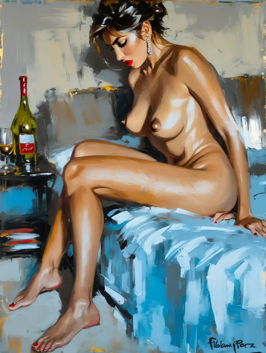 (an expressive cartoon painting:1.2), (large strokes style), palette knife style, light leaks , (Fabian Perez style:1.3) , ((naked woman:1.3)) , chignon hair style , real colors , bokeh background