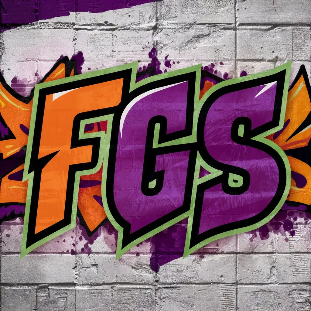 белый фон, надпись "F G S" в стиле граффити, используй оранжевый, фиолетовый и зелёный цвет
