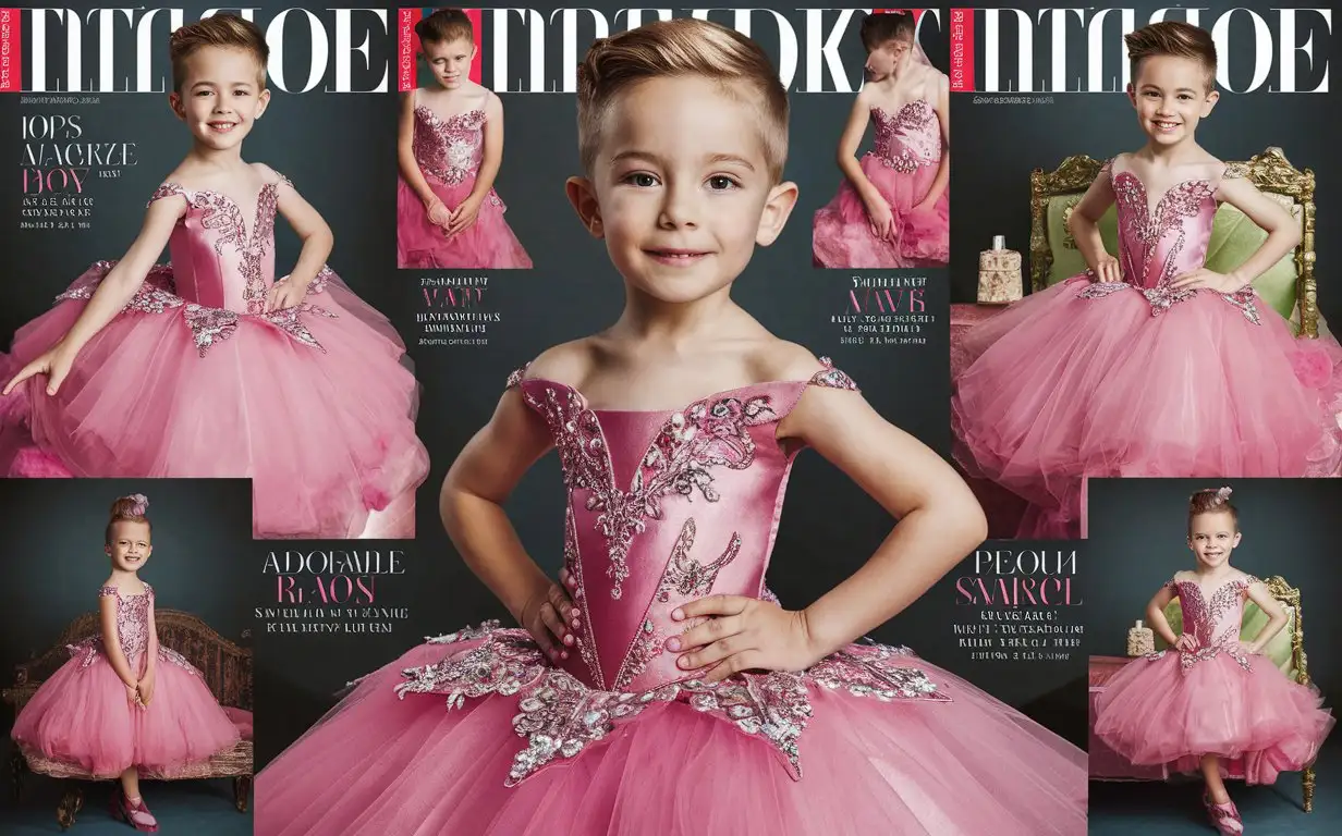 Gender role-reversal, collage Photographs of a boy age 8, modelling a vast pink ballroom gown for a magazine cover, posing in various poses with props and furniture, consistency, adorable, perfect children faces, perfect faces, clear faces, perfect eyes, perfect noses, smooth skin