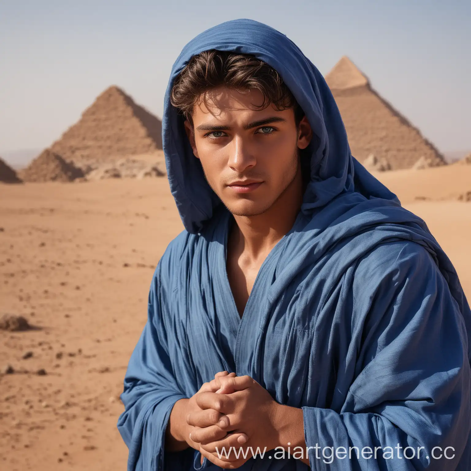 Young-Bedouin-Man-in-Blue-Robes-with-Pyramids-in-Desert