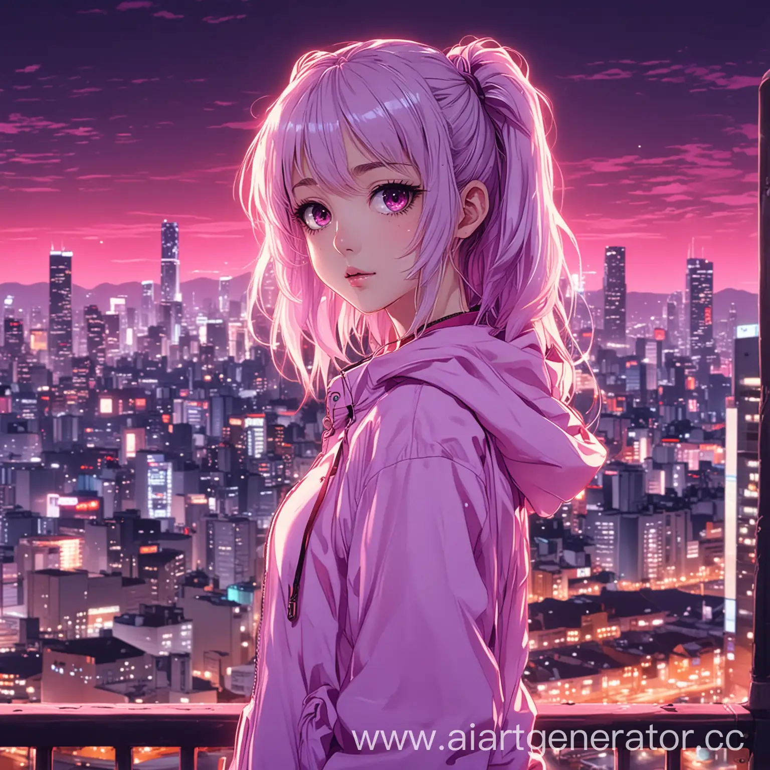 Красивая Аниме девушка, Город на фоне, цвет неоновый-розовый неоновый-фиолетовый, девушка находиться справа на изображении