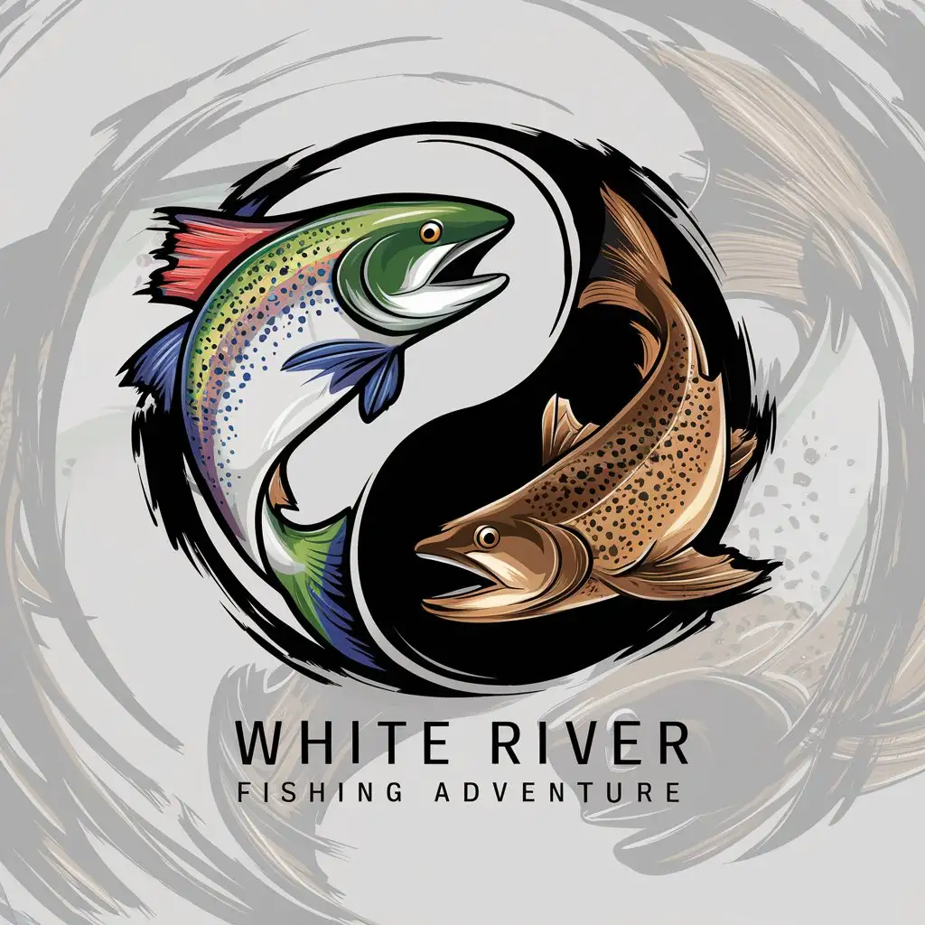 a logo design,with the text 'White River Fishing Adventure', main symbol:colorful rainbow trout brown trout yin yang circle style caricature painted brush strokes,complex,remove background transparent