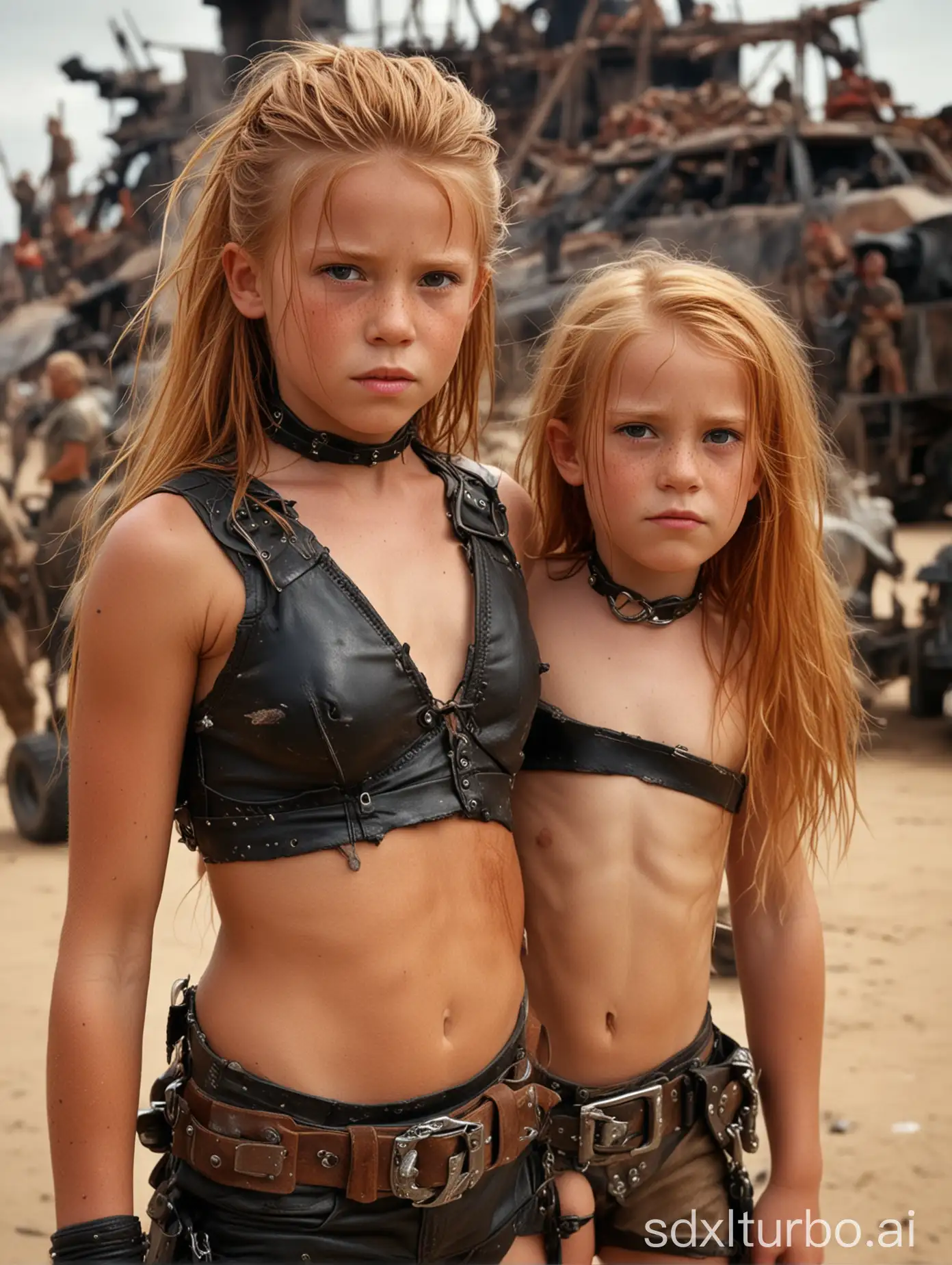 8 year old girl, leather bikini, choker, long ginger hair, extremely muscular abs, in Mad Max Beyond Thunderdome, tanned skin, 