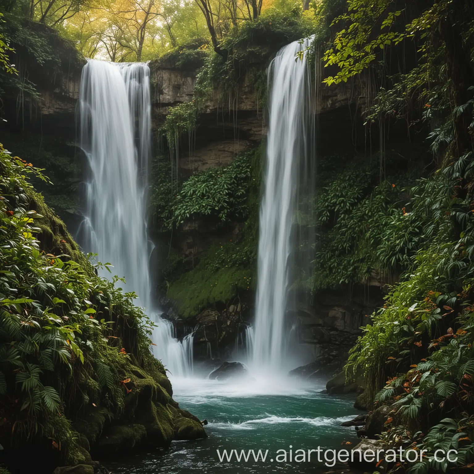 Lush-Forest-Scene-with-Cascading-Waterfall-and-Verdant-Foliage