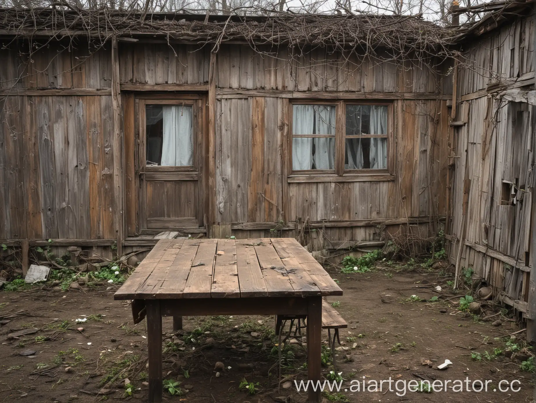 Abandoned-Wooden-Building-in-Spring-Weather-with-Table-Outside