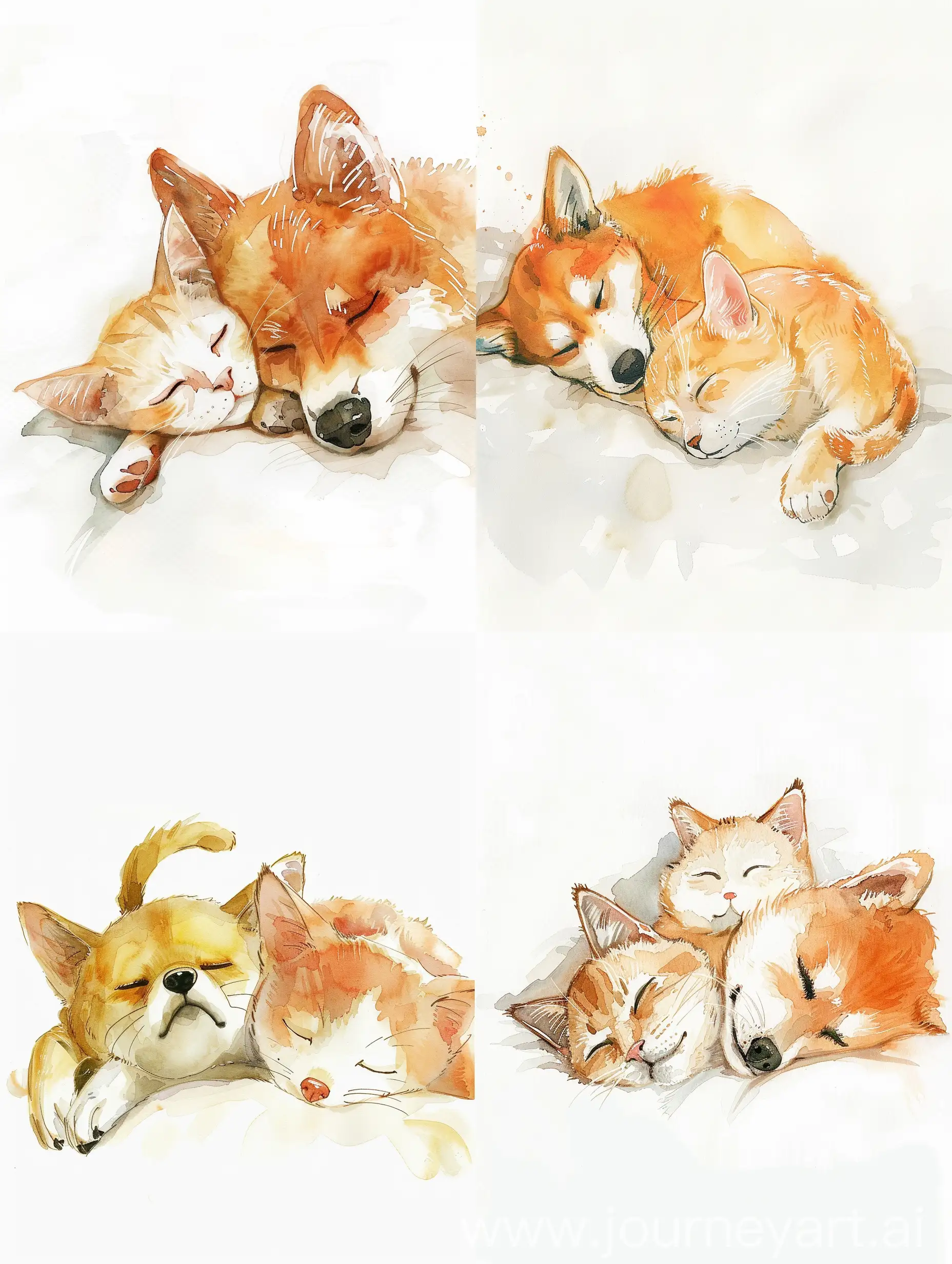 light watercolor, cat and a dog sleeping, bright, white background, few details, dreamy, Studio Ghibli
