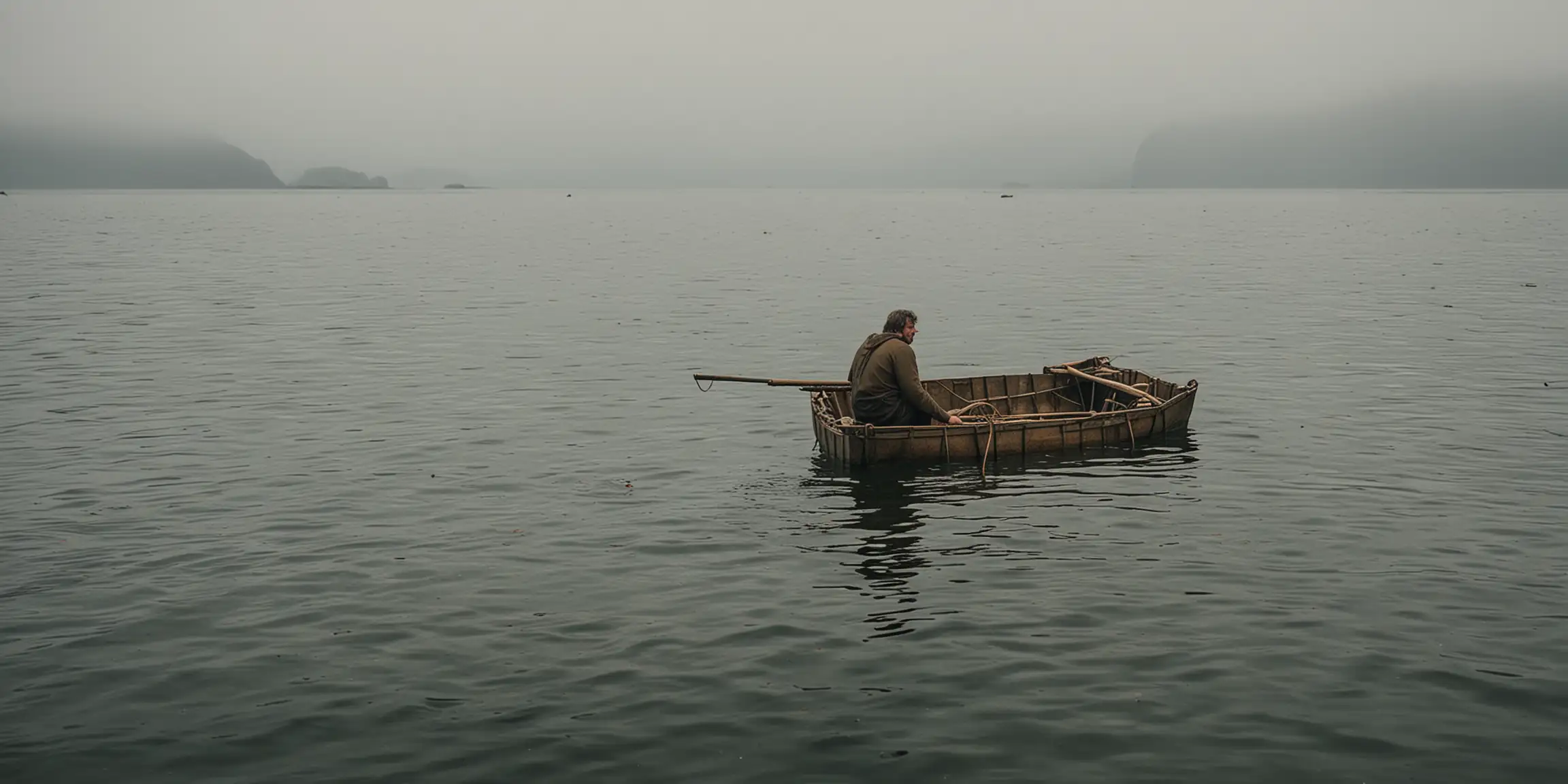 man left alone in small old raft i the midle of the sea

