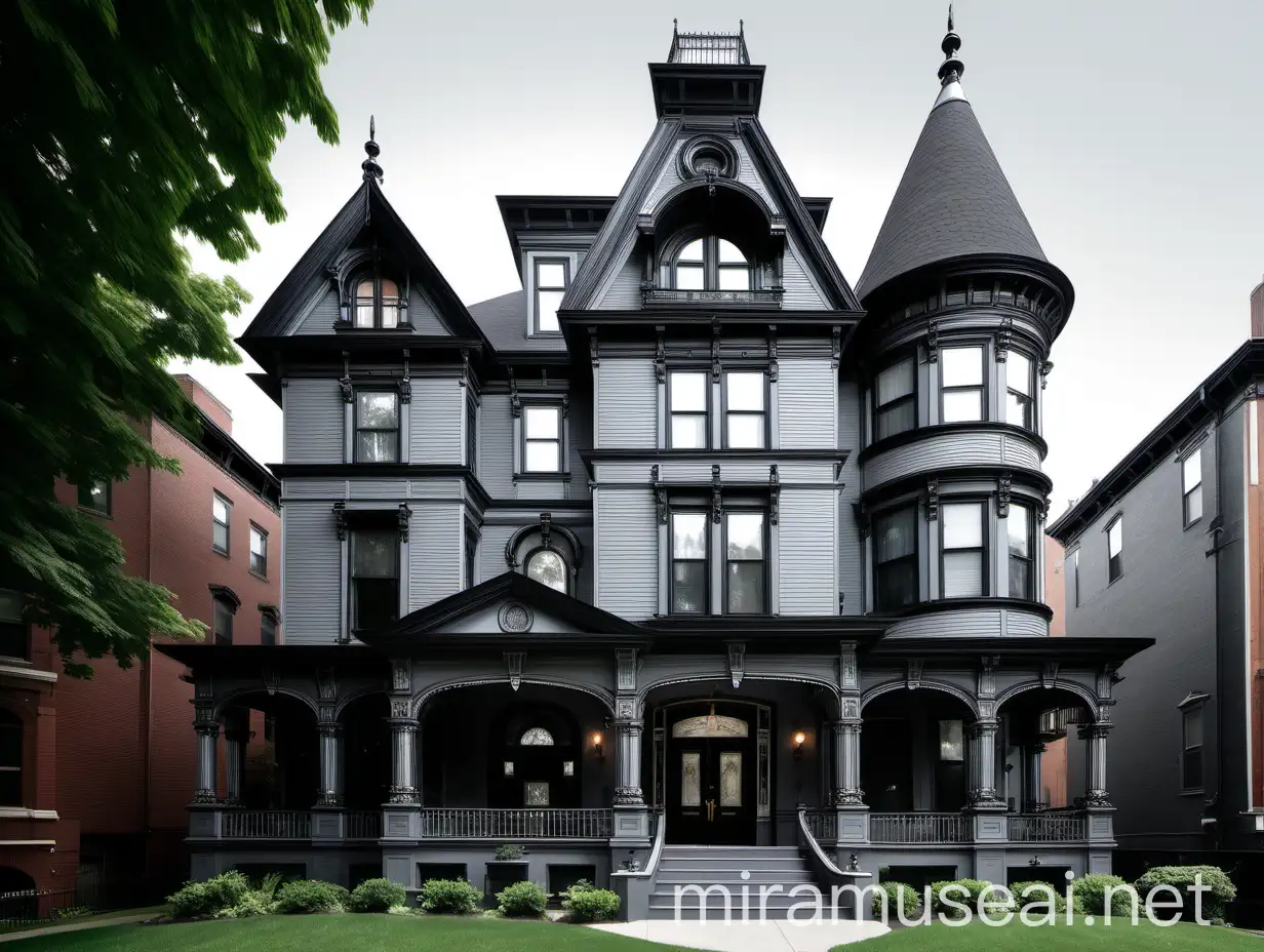 Large multistory victorian house, grey with black trim 
