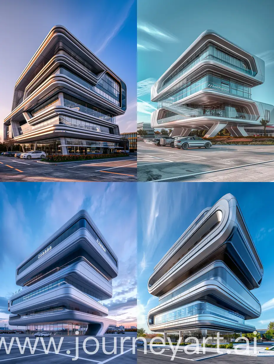 Stunning modern 4-story building with a parking lot that houses an AI research center, by Zaha Hadid, futuristic architecture, clean lines, glass and steel, minimalistic design, corporate environment, sleek exterior, urban setting, highly detailed, photorealistic, daylight, blue sky, canon eos r5, ƒ 2.8, 24 mm, 8k, HDR