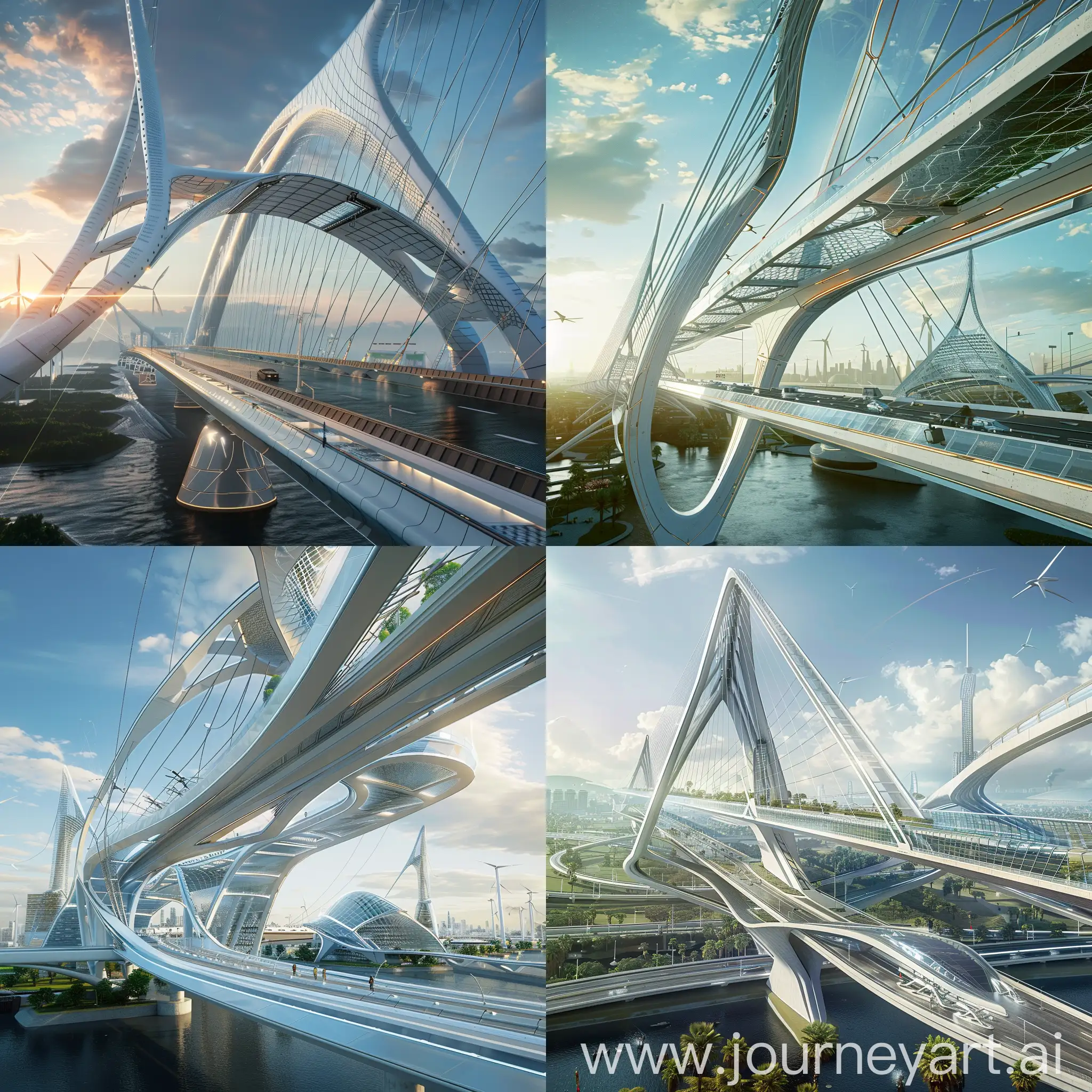 High-tech futuristic bridge, Smart Sensors, Aerodynamic Designs, Energy Harvesting Systems, Active Tuned Mass Dampers, Composite Materials, 3D-Printed Components, Automated Damage Detection, Magnetic Levitation Elements, Thermal Expansion Joints, LED Lighting Systems, Dynamic Lighting, Interactive Displays, Drone Ports, Green Spaces, Adaptive Traffic Lanes, Wind Turbines, Solar Panel Cladding, Water Collection Systems, Pedestrian Skywalks, Augmented Reality Guides, unreal engine 5 --stylize 1000