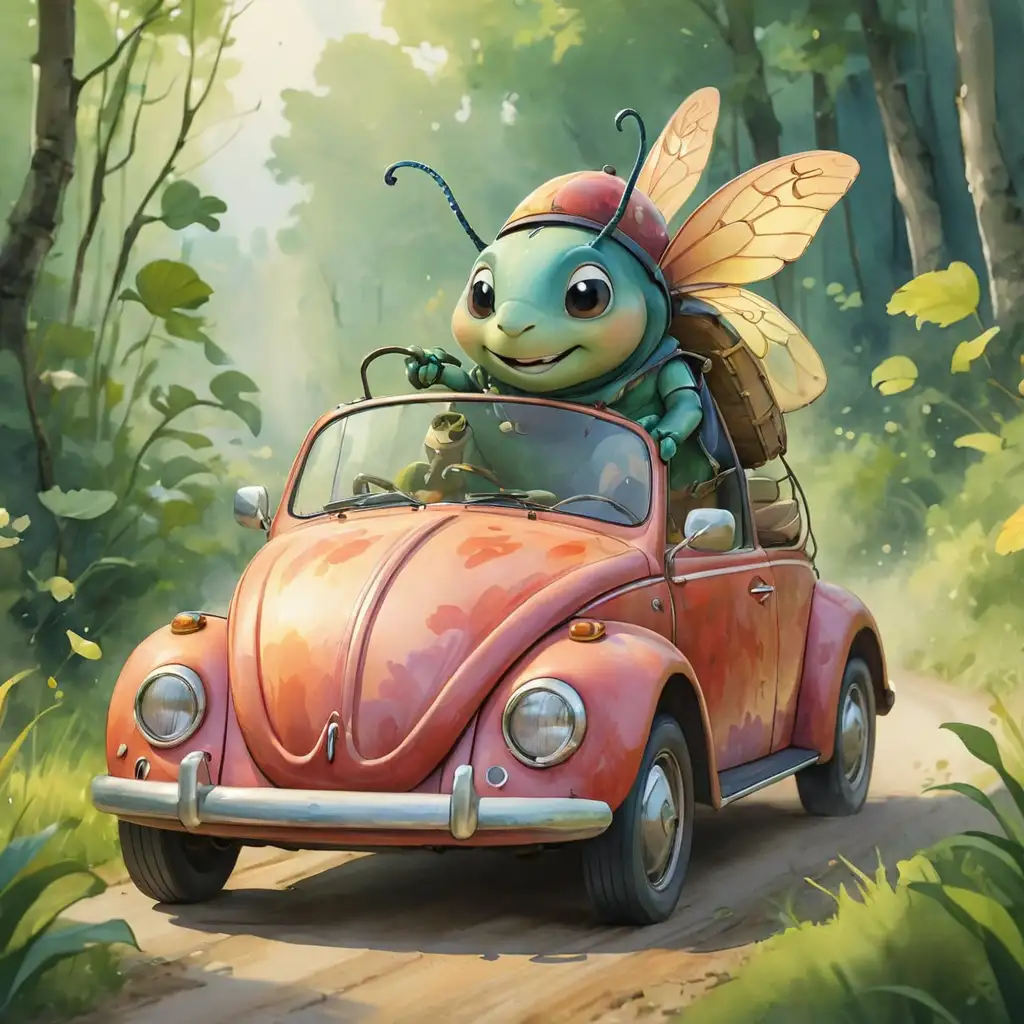Whimsical Watercolor Illustration of Beetle Driving a Charming Car