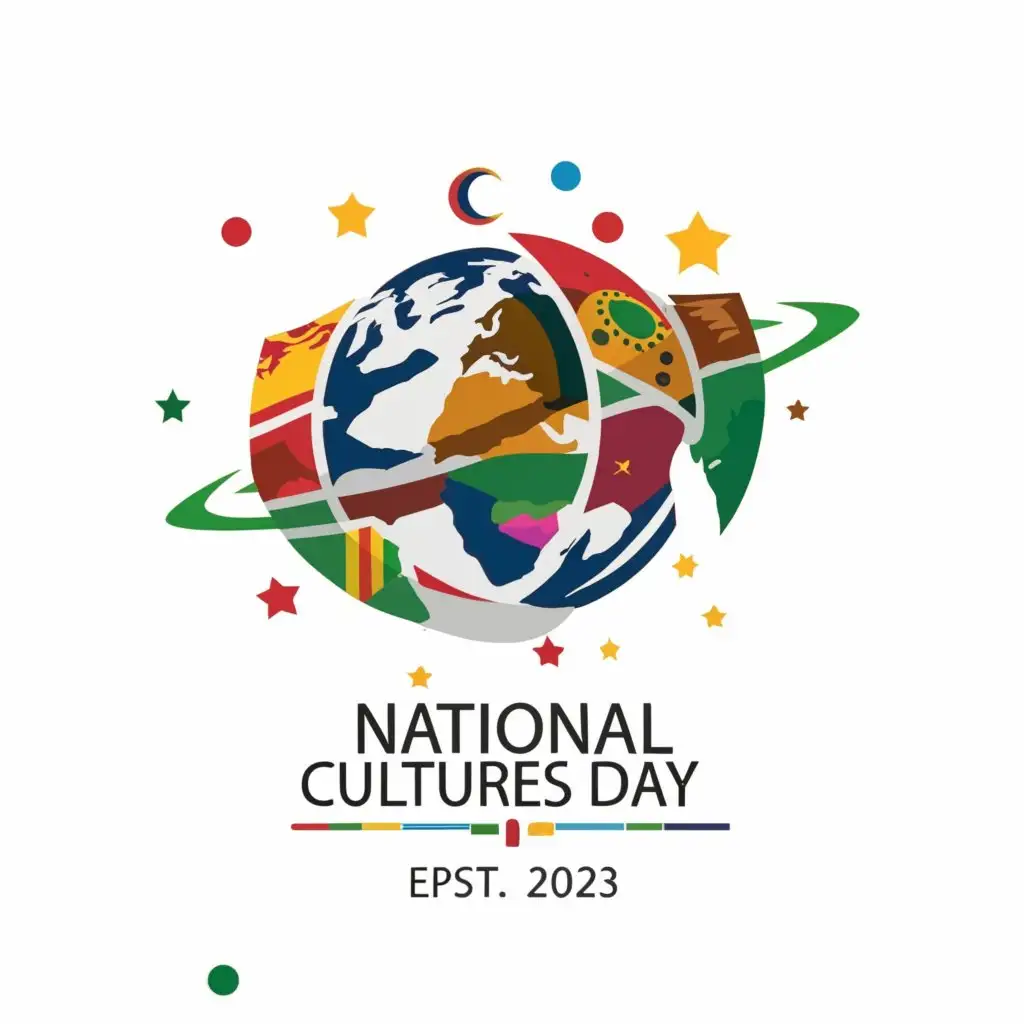 a logo design, with the text 'National Cultures Day', main symbol: The planet Flag of Algeria, Angola, Afghanistan, Bangladesh, Guinea, Guinea-Bissau, Zambia, Cameroon, Cote d'Ivoire, China, Cuba, Morocco, Niger, Senegal, Syria, Tajikistan, Tunisia, Philippines, flags in one sphere, Moderate, be used in Events industry, clear background