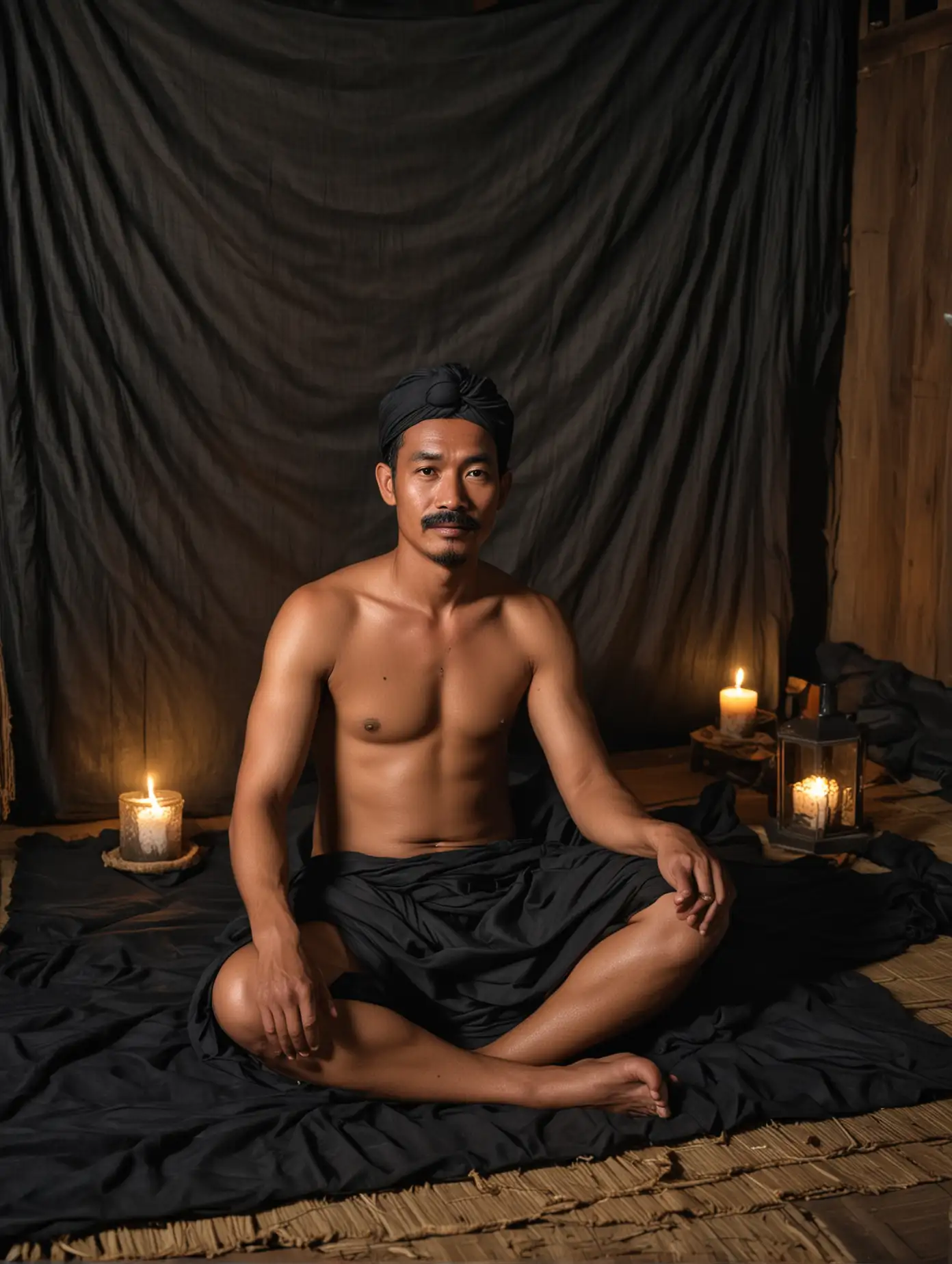 a 45 year old Indonesian man with short, wavy hair, shirtless, with a thick mustache, with a fat, stocky body, wearing a long black cloth and a traditional black Javanese headband, sitting on an ancient mattress with a mosquito net in a wooden house, barefoot, with dark skin, the room is surrounded by candle at night