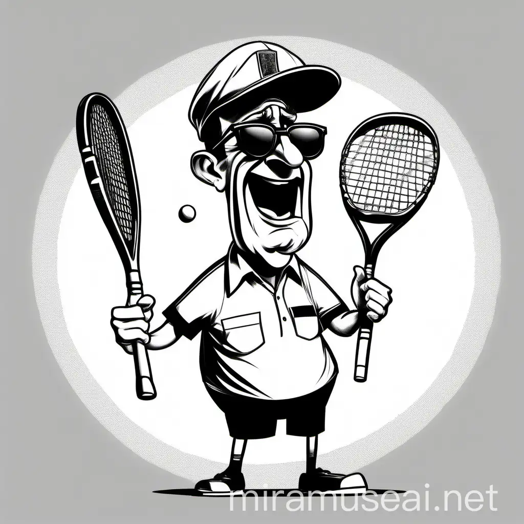 a tennis referee with a tennis bat, a whistle, black singlasses, funny face. in a pen caricature style, black and white, with white background