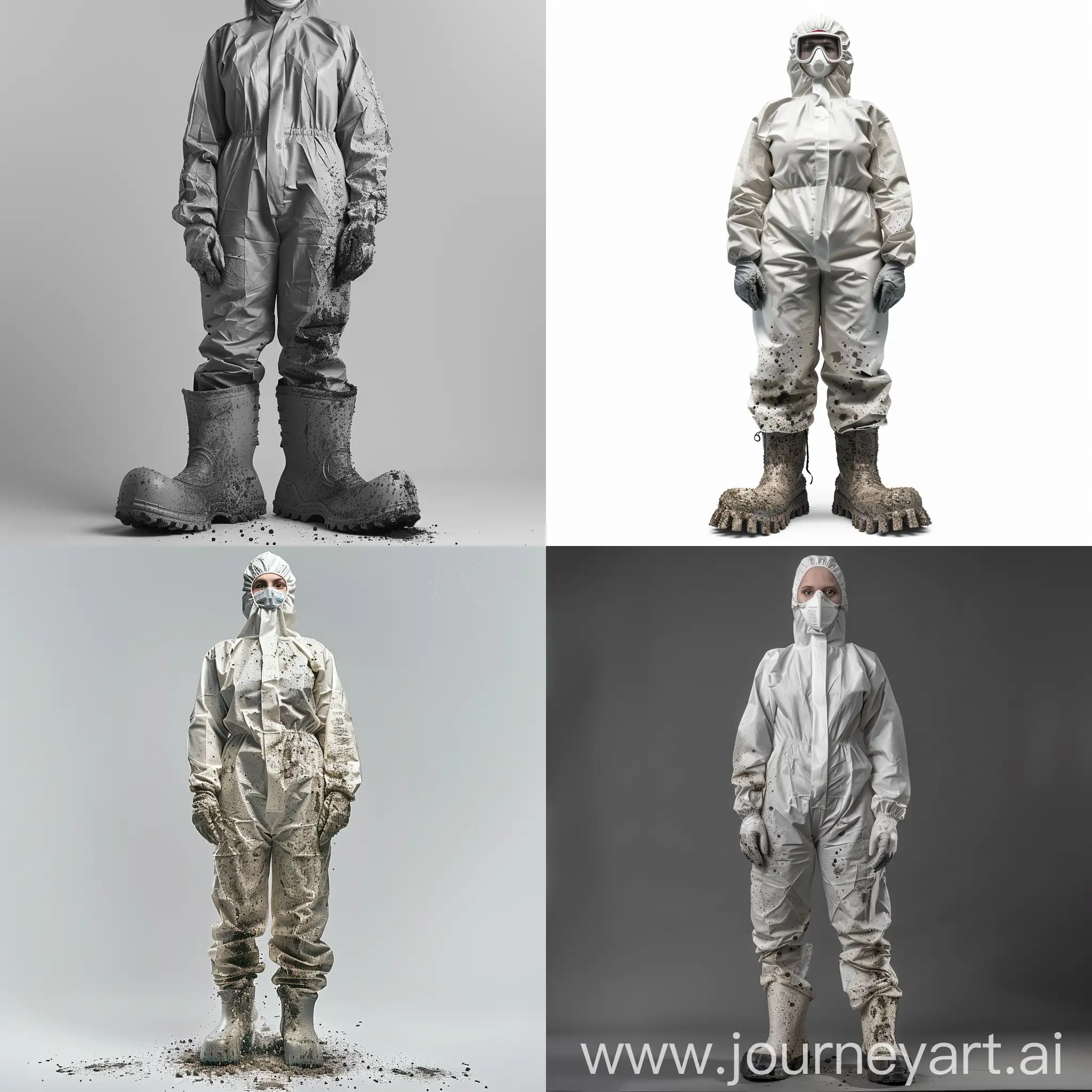 woman, tight hazmat suit, protective gear, air isolated, fullbody, rubber, full face mask, rubber gloves, full-length photo, massive rubber shoes, drops of mud on suit, masculine pose