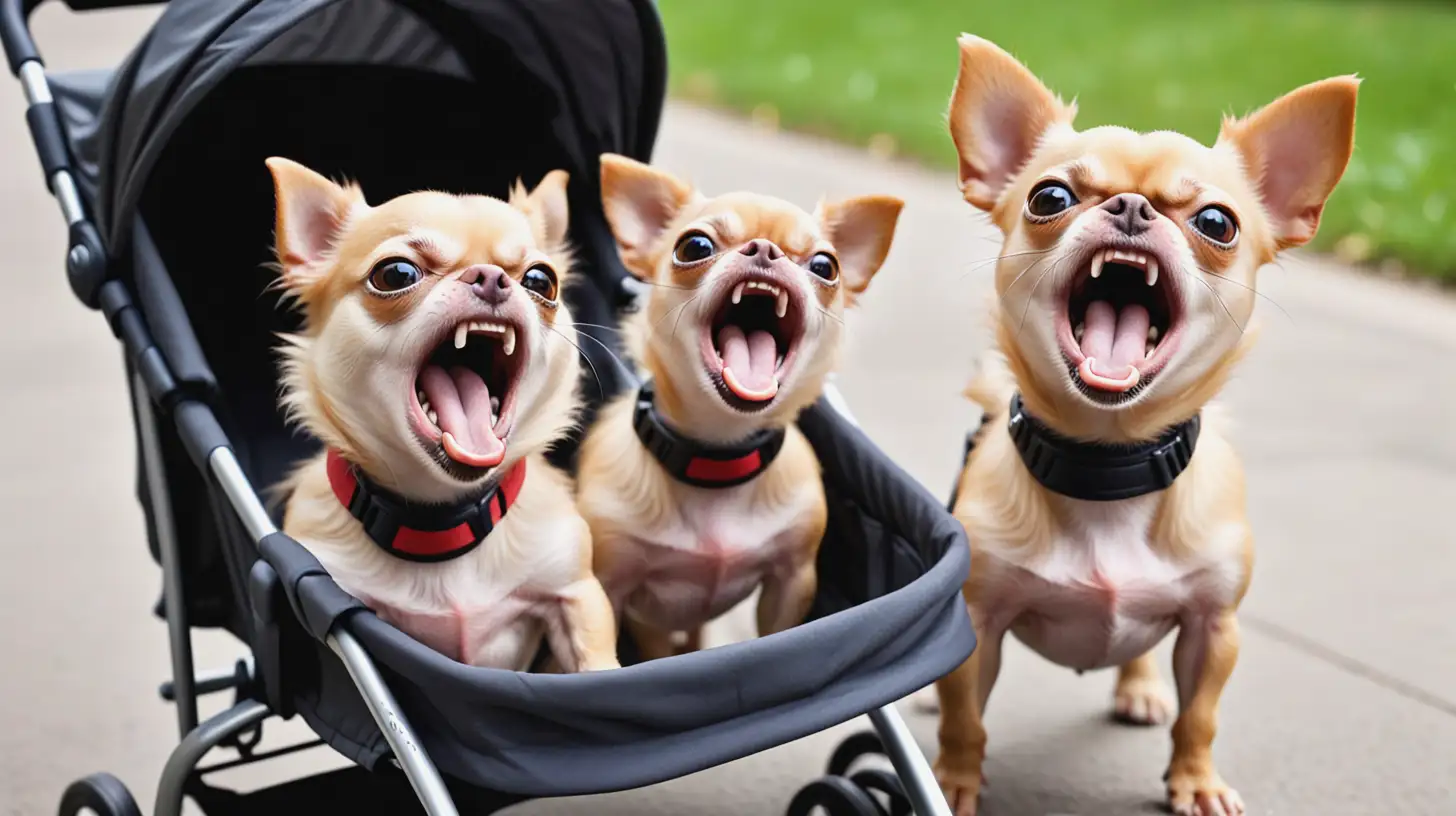 two small dogs in a stroller, they are very angry and are barking at each other showing their teeth, the dogs are fighting