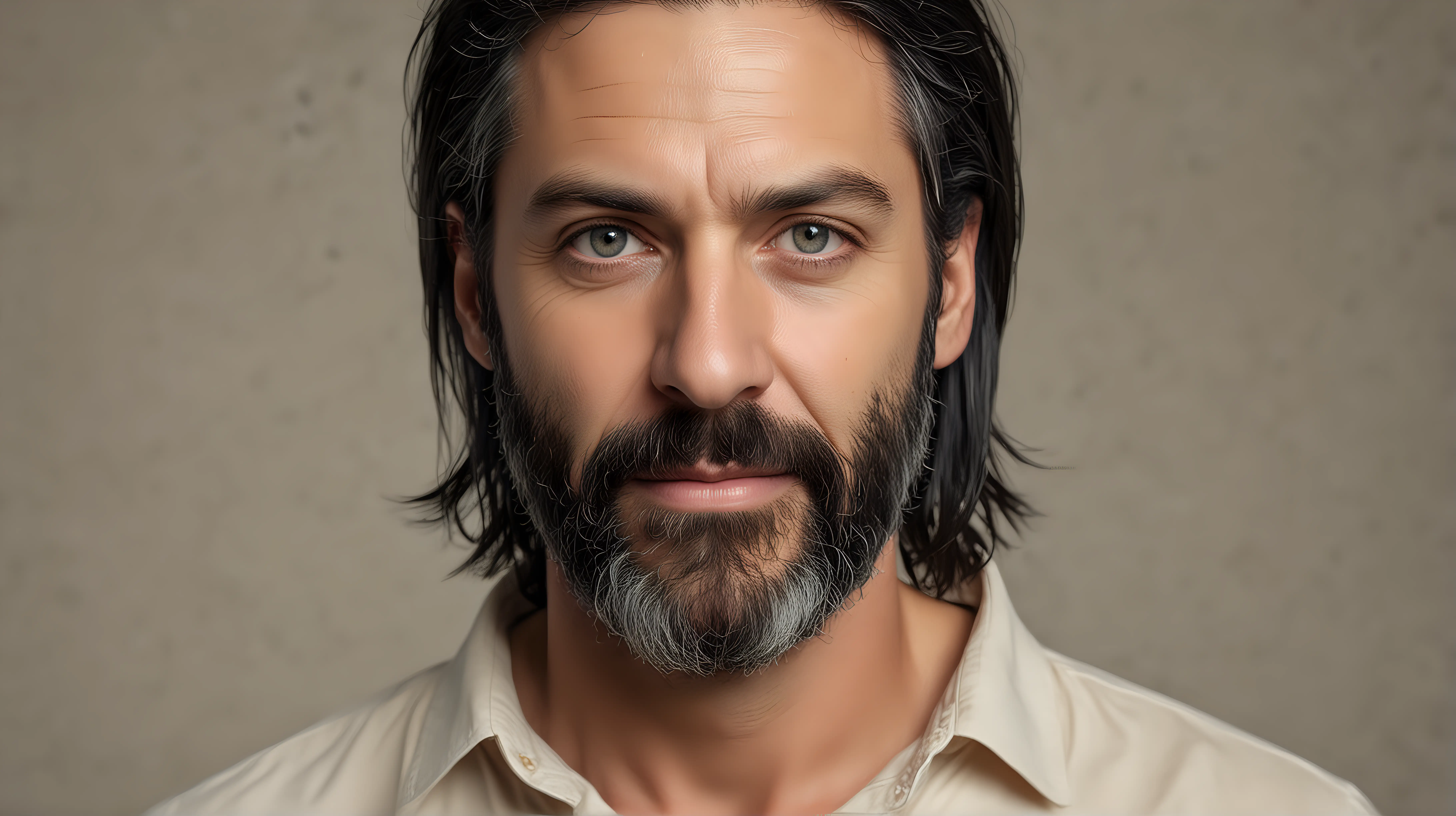 Portrait of a Mature Man with Long Grey Black Hair and Symmetrical Eyes in Cream Shirt 32k Resolution Photograph