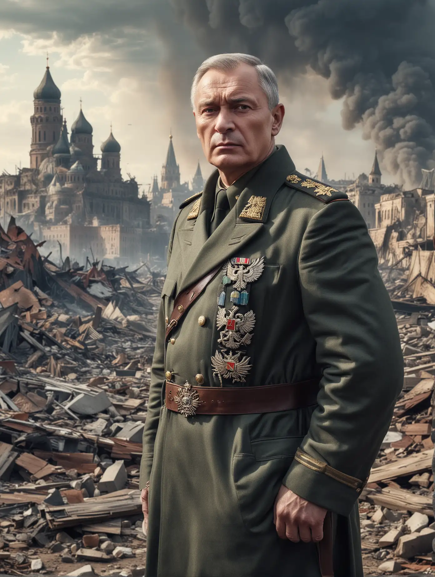 Генерал России на фоне разрушенного города