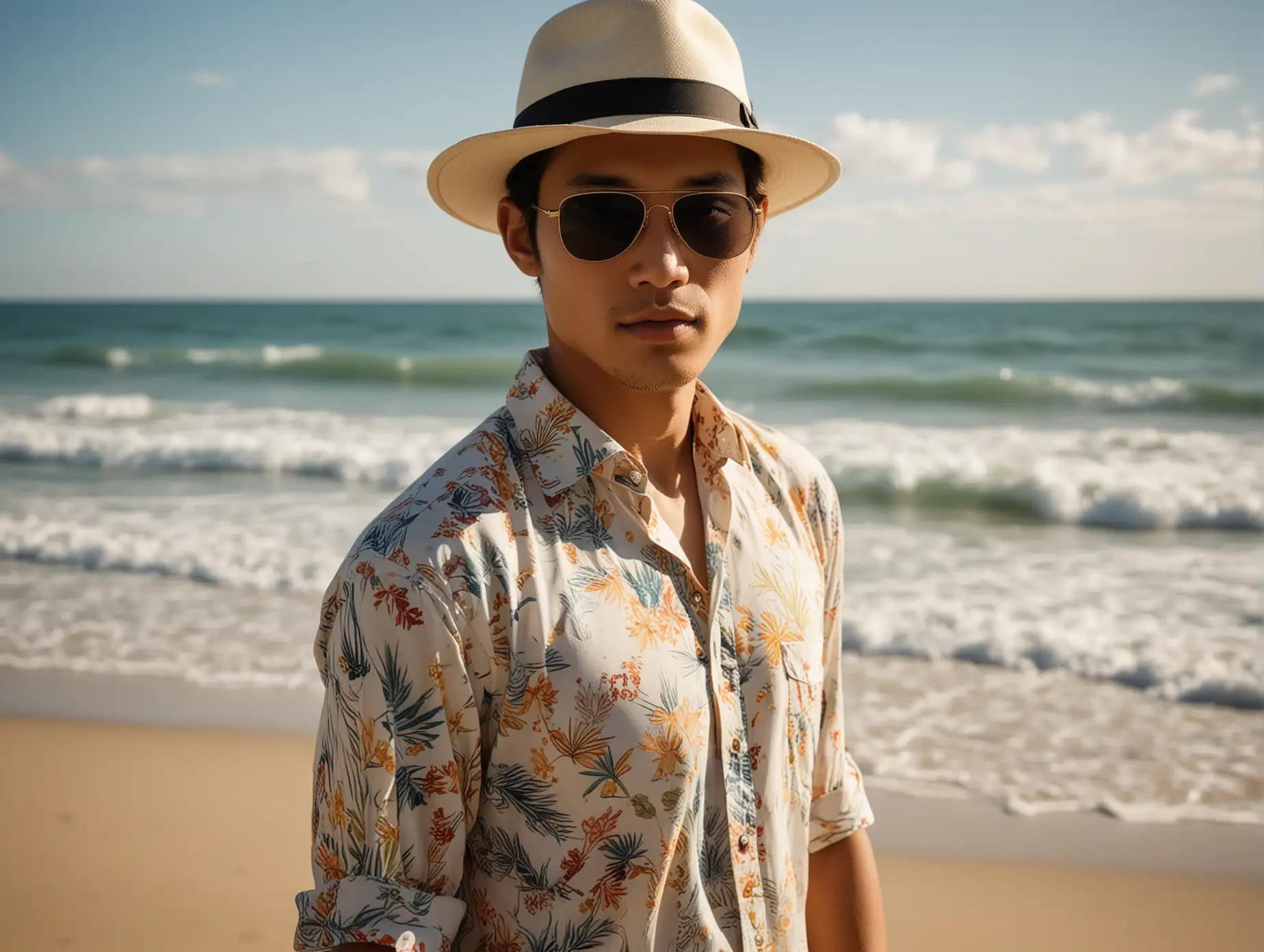 a headshot portrait photograph captivating composition inspired by Annie Leibovitz's iconic style, showcasing a young asian man wears white fedora hat, beach hawai-motive colorful shirt, walking gracefully on the sandy shores of a sun-drenched beach. With the Sigma 85mm 1.4F lens, capture him delicately holding his sunglasses with his fingers, adding an element of contemplation to the scene against the backdrop of the serene ocean waves.