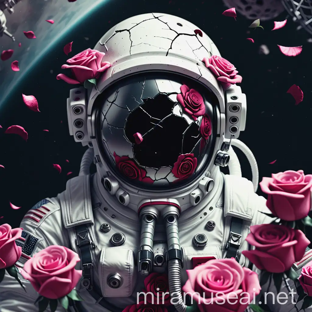 Astronaut with Cracked Helmet Filled with Roses and Guns Surreal Digital Art with Depth of Field and Bloom Effect
