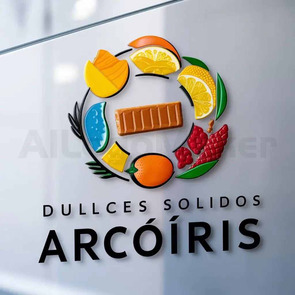 a logo design,with the text "duces solidos arcoíri", main symbol:frutas in a ring of mango mandarina lemon guayaba naranja frutilla  batata and a bar of sweet potato in the center,Moderate,be used in dulces industry,clear background