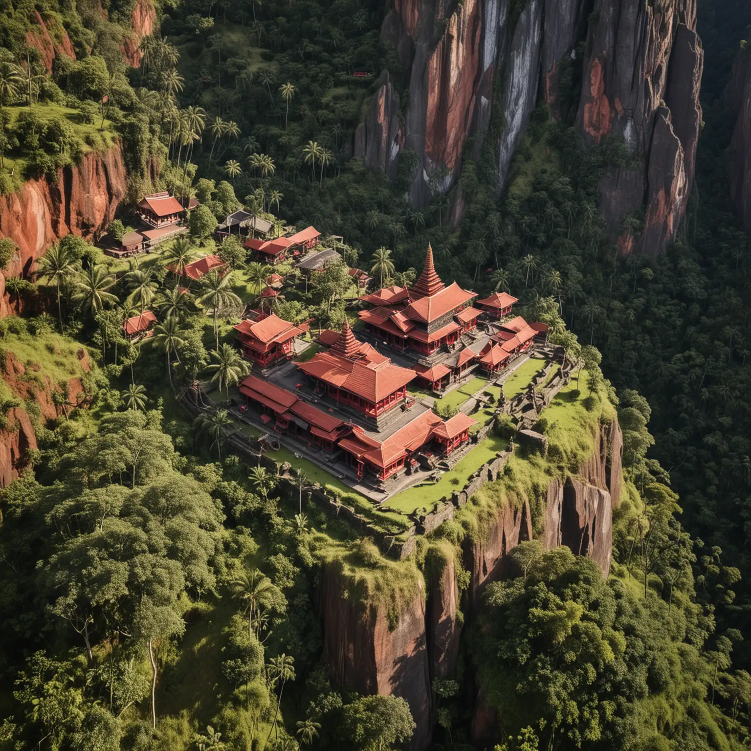 a view of an ancient Indonesian red stone temple under the foot of a rocky mountain with red houses. highlight from above
