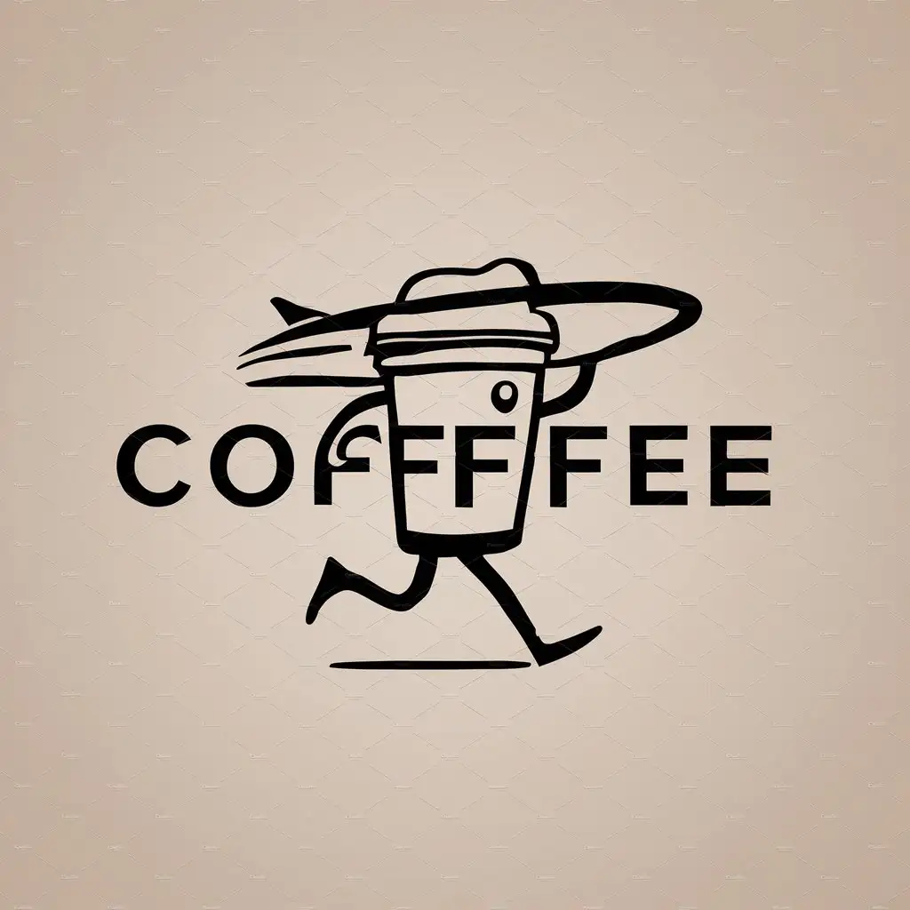 a logo design,with the text "coffee", main symbol:a coffee to go cup from the side that is running while holding a surfboard over his head.,Minimalistic,be used in Restaurant industry,clear background