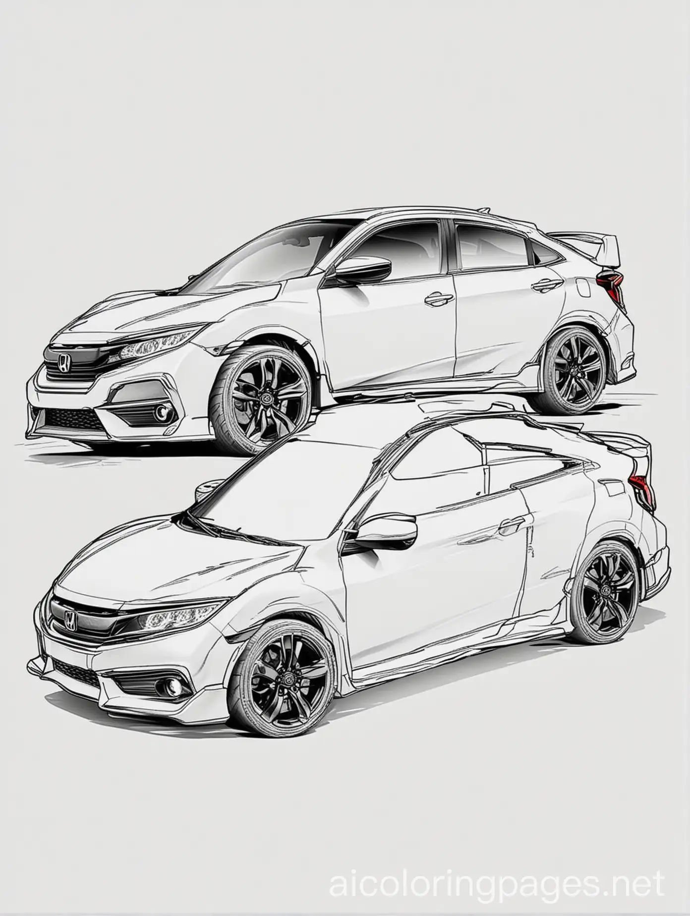 honda civic, Coloring Page, black and white, line art, white background, Simplicity, Ample White Space. The background of the coloring page is plain white to make it easy for young children to color within the lines. The outlines of all the subjects are easy to distinguish, making it simple for kids to color without too much difficulty