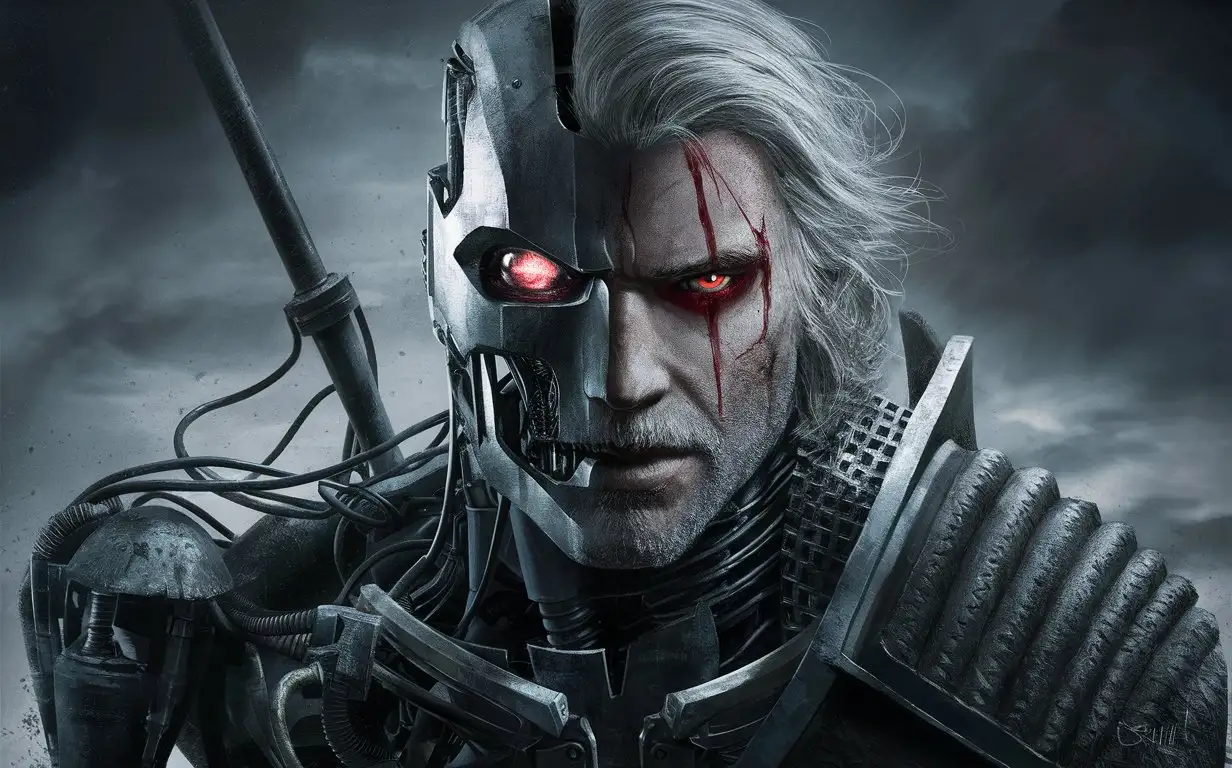 Geralt terminator creepy atmosphere one eye crimson red pupil black eye half of the face can be seen terminator and half of the body of the terminator is visible