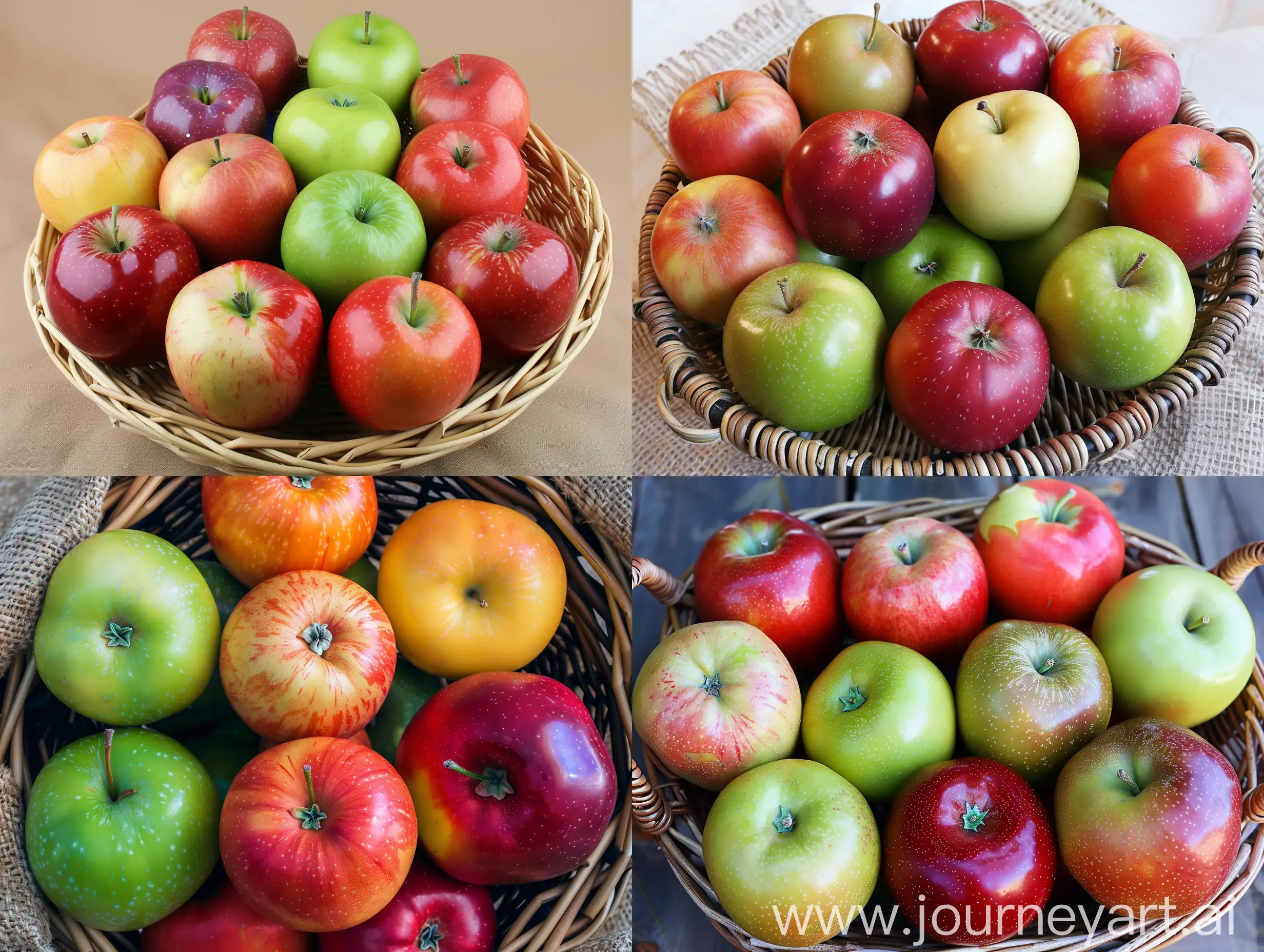 Real photo of a basket of apples of different colors