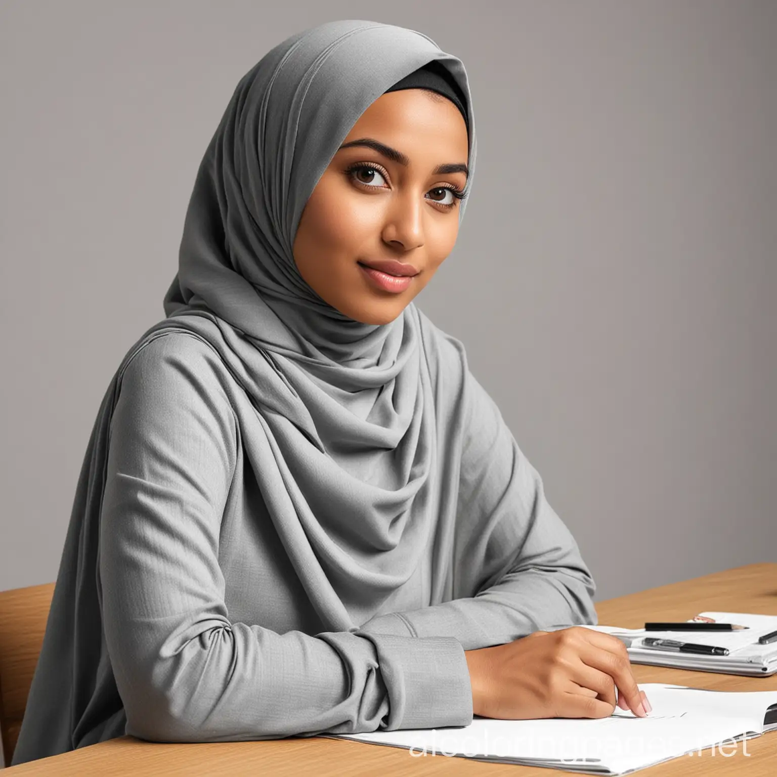 Generate an image of a young Muslim woman sitting at a desk in her studio. She has her hands on the desk and is wearing a hijab. Instead of posing for a picture, she is depicted as if she's presenting a podcast, so she should be sitting naturally, with a relaxed posture, her hands placed on the desk. She is looking straight at the camera in a front view., Coloring Page, black and white, line art, white background, Simplicity, Ample White Space.