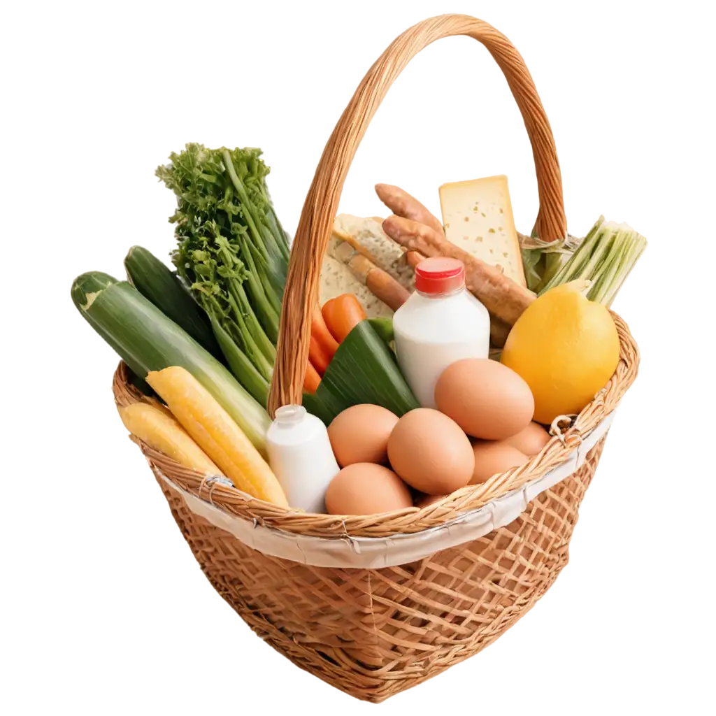 A market basket filled with vegetables, fisch, eggs, sausages, milk, cheese