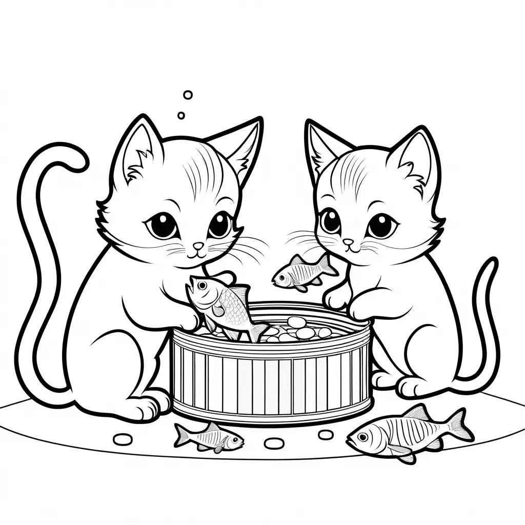 Cute kittens eating fish from a fish tin, Coloring Page, black and white, line art, white background, Simplicity, Ample White Space. The background of the coloring page is plain white to make it easy for young children to color within the lines. The outlines of all the subjects are easy to distinguish, making it simple for kids to color without too much difficulty