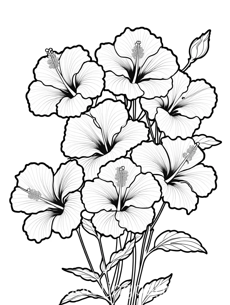 hibiscus flowers on a tree, Coloring Page, black and white, line art, white background, Simplicity, Ample White Space. The background of the coloring page is plain white to make it easy for young children to color within the lines. The outlines of all the subjects are easy to distinguish, making it simple for kids to color without too much difficulty