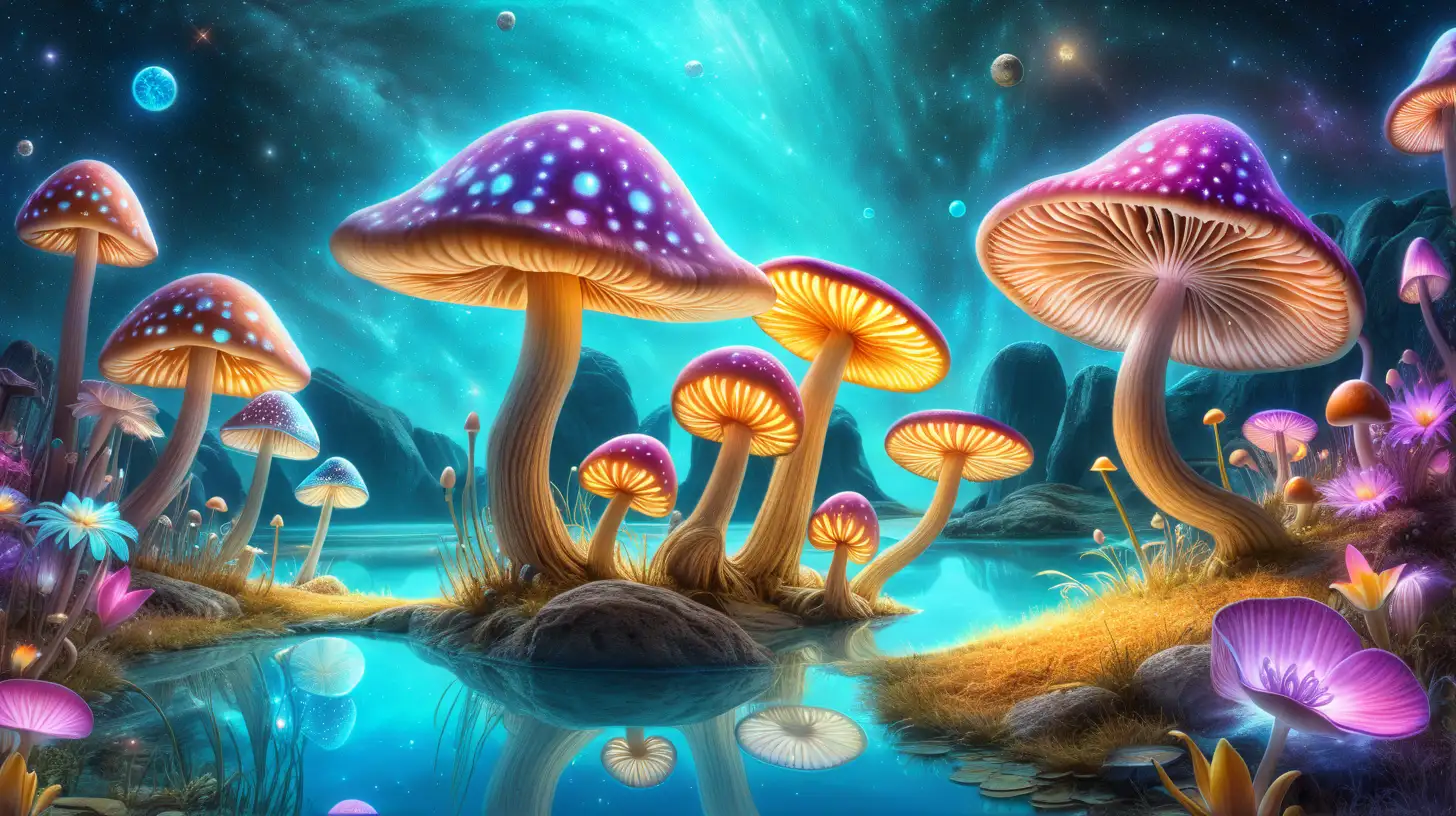 florescent fairytale golden and Blue and Purple. Pink. Yellow. Orange mushrooms in the daytime spring and magical mushrooms with a magical turquoise glowing lake of planets and galaxies on luminescent lily pads
