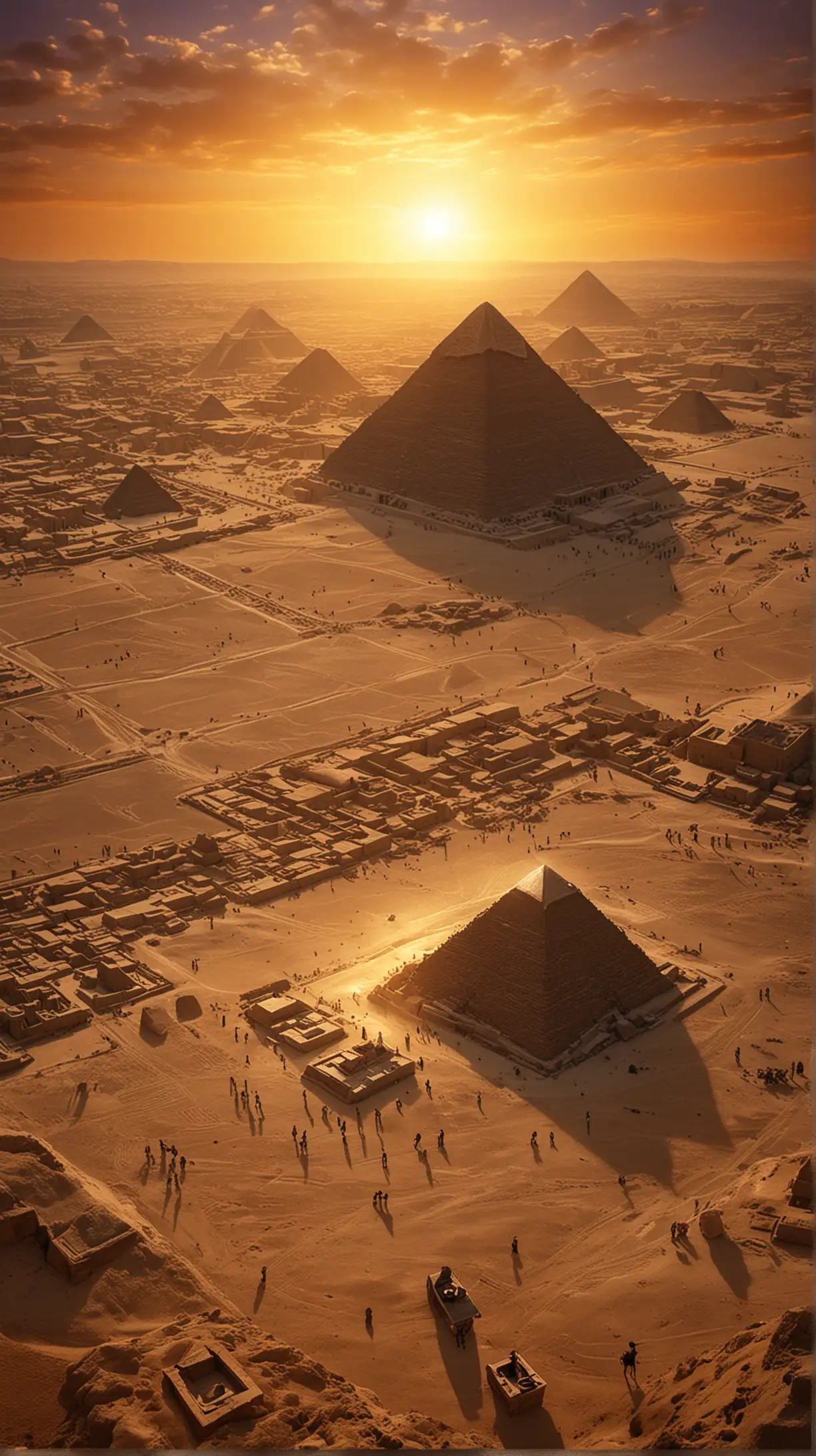 Background: Use a dramatic sunset over the Giza plateau with the Great Pyramid of Giza prominently featured. The sky should have a gradient of deep orange to purple, casting long shadows over the pyramids.

Pyramids: Highlight the three main pyramids (Khufu, Khafre, and Menkaure) with the Great Pyramid (Khufu) in the center, slightly larger than the others. Add subtle glowing lines indicating the precise alignment with the cardinal points.

Foreground Elements:

Hieroglyphs: Include faint hieroglyphic symbols around the edges of the cover, glowing slightly to add a mystical effect.
Artifacts: Place an ancient Egyptian artifact, like an ankh or a scarab beetle, in the bottom corner to hint at the archaeological aspect.
Energy Field: Add a faint, glowing aura or energy field emanating from the apex of the Great Pyramid to suggest the idea of hidden energies or ancient technology.
Archaeologists: Small silhouettes of archaeologists working near the base of the pyramids, adding a sense of exploration and discovery.
Ancient Scripts: Include fragments of ancient scripts or maps in the background, partially obscured to add depth and interest.
Visual Effects:

Use light rays and a slight vignette effect to focus the viewer's attention on the center of the cover.
Add a texture overlay to give the cover an aged, ancient look, like a parchment or stone tablet.