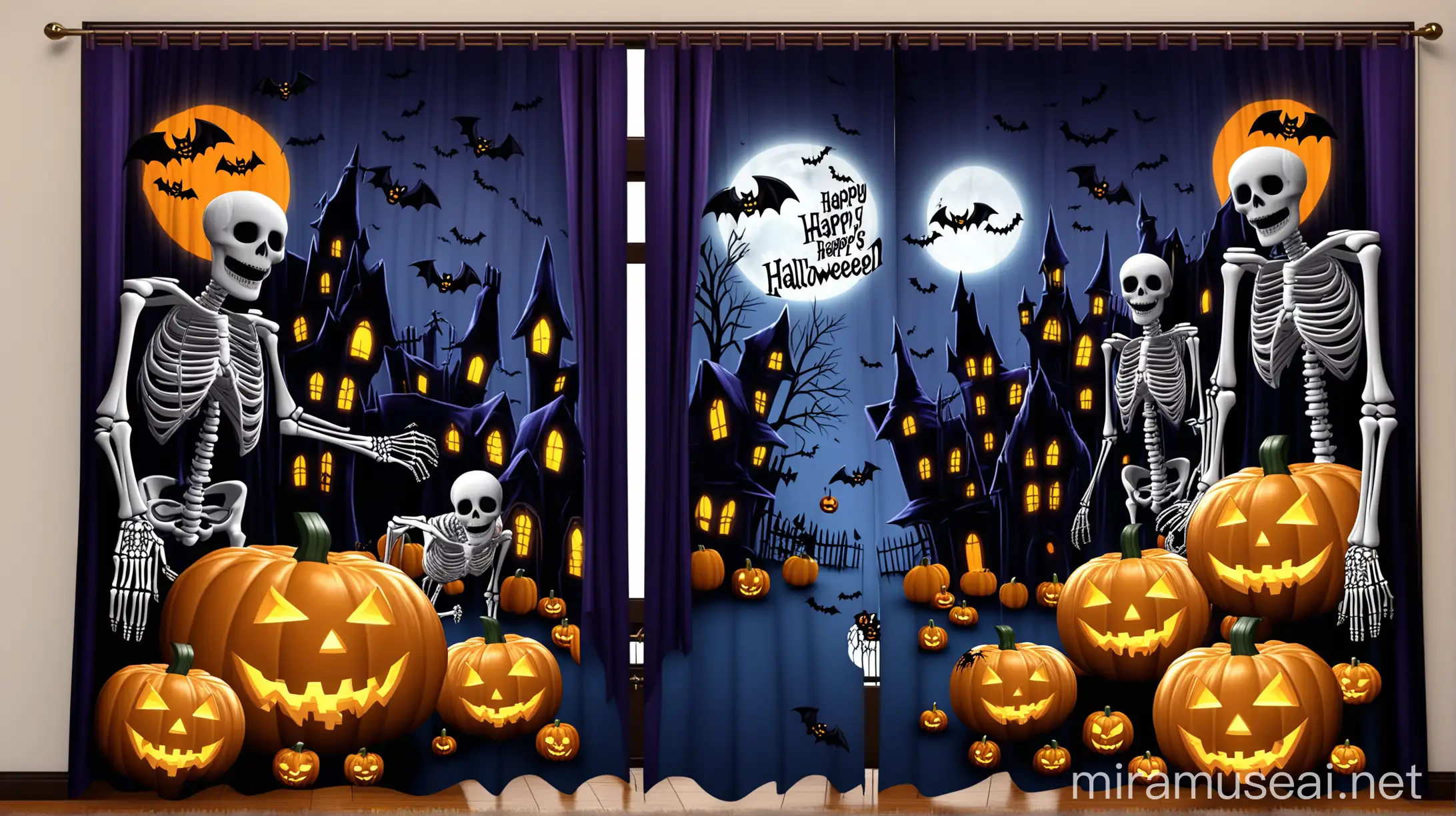 Spooky Halloween Pumpkin with Skeletons Bats and Spiders 3D Door Curtain