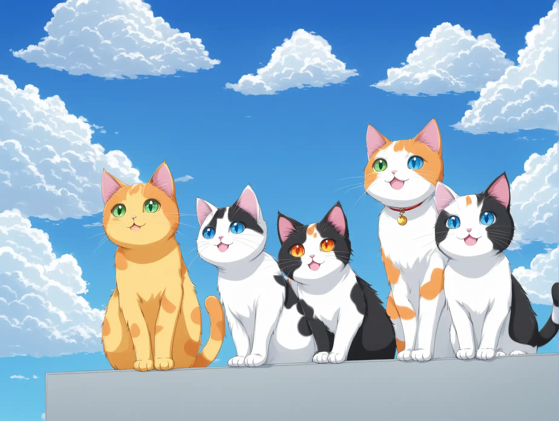 Three-Happy-Cats-under-Cloudy-Sky-with-Colorful-Background