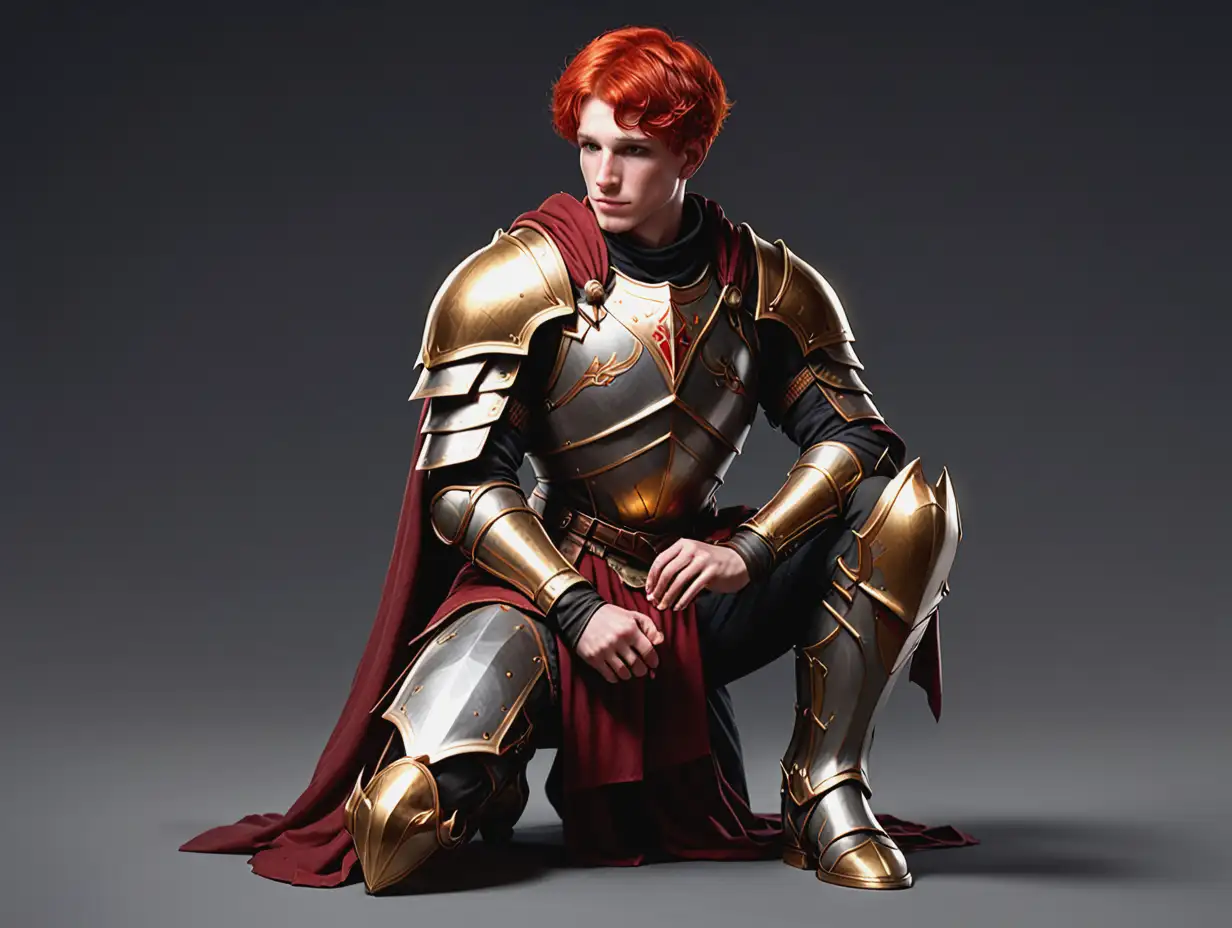 паладин мужчина с короткими рыжими волосами стоит на одном колене