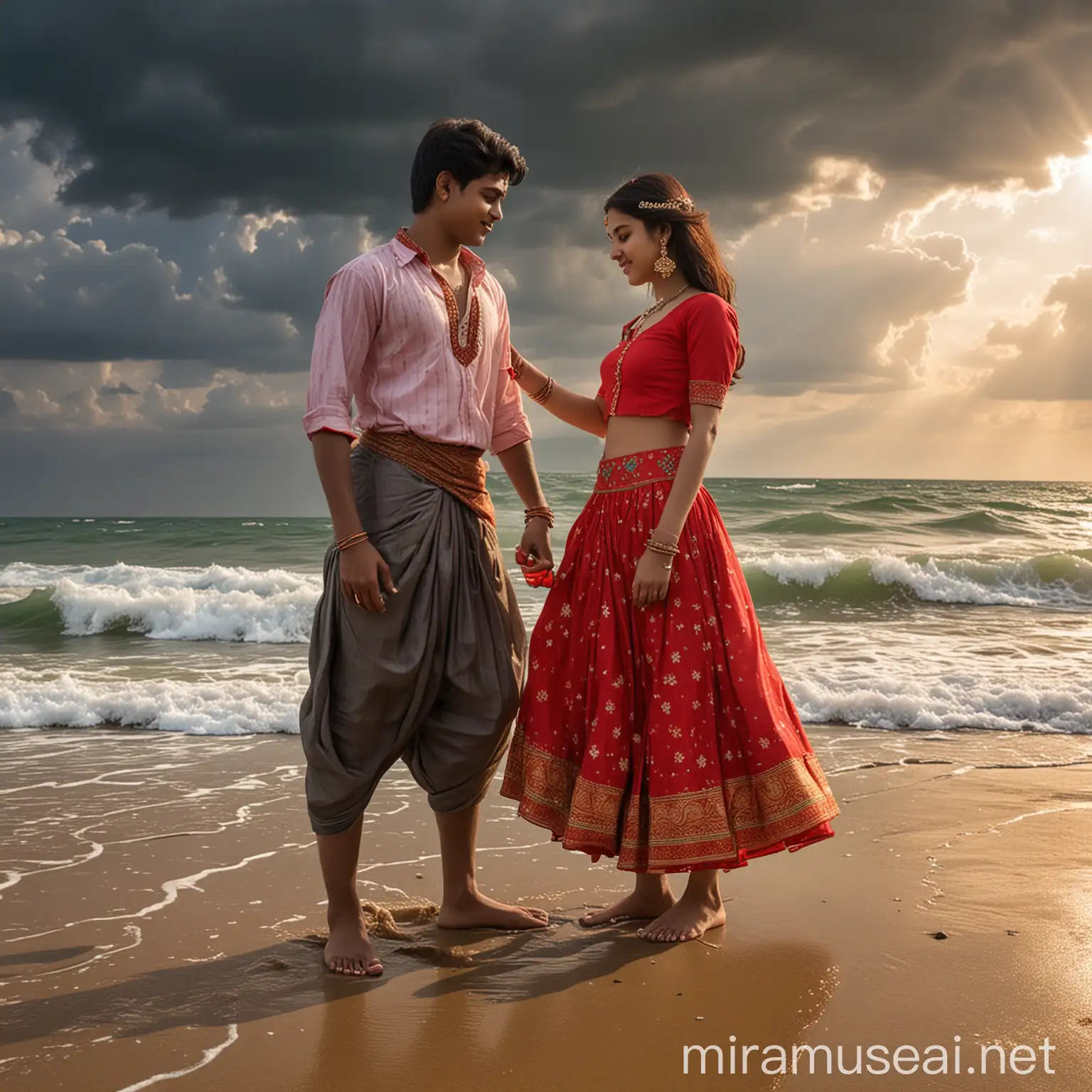 A boy and a girl , girl wear top and skirt and skirt has name as RAGHAVENDRA,  and boy has name Bala Sri on his pant and shirt , colorfull names , they lying on beach , hot sun , dark clouds , they touch eachother with hands , boy with earrings , girl with red top 